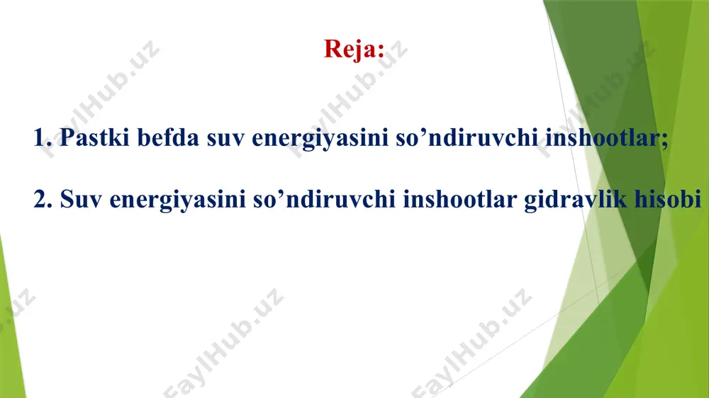 sh funktsiyasi: toʼgʼri toʼrtburchak shaklidagi kanallarda: gidravlik sakrash funksiyasi grafigi energiya soʼndiruvchi devor (toʼsiq) ortiqcha kinetik energiyani kamaytirish (yoʼqotish) uchun energiya soʼndiruvchi devorni ham qoʼllash mumkin. gidravlik sakrash siqilgan kesimda paydo boʼlishi uchun ushbu devorming balandligini (s) va devor bilan tashkil qilingan hovuz uzunligi (lx) ni aniqlash kerak. devorning balandligi (s) ga bir necha qiymatlarni beramiz va grafikni quramiz va qiymatiga qarab, grafikdan «s» qiymatini olamiz. с н bҳ hҳ hҳ+c misol (*): 1. kanal kritik chukurligini aniklang: 2. gidravlik eng qulay kesim uchun aniqlang. -ismingizdagi xarflar soni 3. uchburchak kanal uchun gidravlik sakrash funktsiyasi qanday ko’rinishda bo’ladi (tenglamani keltirib chiqaring). adabiyotlar 1. k.sh.latipov, a.m.arifjanov, x.kadirov, b.toshov “gidravlika va gidravlik mashinalar”, navoiy sh., alisher navoiy, 2014 y. -268b 2. k.sh.latipov, a.m.arifjanov, fayziev x “gidravlika”, toshkent, taqi, 2015 y. 459b. 3. t.kaletova, a.m.arifjanov “hydromechanika”, nitra, 2019y, -160 pages. 4. a.m.arifjanov, t.u.apakxujaeva. gidravlika (uchebnoe posobie). –tashkent. faylasuflar, 2019 g. -280s. 5. a.m.arifjanov, …