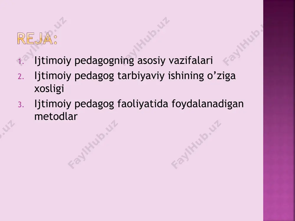 iy psixologik yordam markazlarida; madaniy markazlarda, dam olish markazlarida, yoshlar klublarida; yozgi lagerlarda; mahallada, mahalladagi pedagog murabbiy bilan, xotin-qizlar qo’mitasi, uchastka inspektori bilan muomala o’rnatish. o’rta umumta’lim tizimida eng zamonaviy mutaxassisliklardan biri – bu ijtimoiy pedagoglik kasbidir. uning asosiy vazifasi – tarbiyaviy ishlarni hayotiy muhim oilaviy va ijtimoiy muammolarni o’zida his etayotgan yosh avlodni tarbiyalash bilan qo’shib olib borishdan iborat, qiyin bo’lgan turmush masalalarini yengillashtirish, so’z va amalda yordam berish, ijtimoiy pedagog amaliy faoliyatining axloqiy pozitsiyasi va yo’naltirilgani ana shulardan iborat. ijtimoiy pedagog tarbiyaviy ishlar metodlarini keng tizimidan foydalanishga o’z e’tiborlarini qaratishlari lozim. bu o’rinda ijtimoiy pedagoglarning bir qismi o’quvchilarni tarbiyalashning an’anaviy vositalari atrofida guruhlashga, shaxsiy suhbat, u yoki bu ijodiy faoliyat ko’rinishiga o’smirlarni jalb etishga, ayrim o’quvchilarga nisbatan sinf tarbiyaviy ishlarini topshirishga harakat qilishadi. lekin, ijtimoiy pedagog ishlarini o’ziga xosligi bir qator yangi faoliyat usullarini yuzaga chiqardi. mahalladagi jamoa tashkilotlari bilan hamkorlik; mas’ul diniy idoralar va mahalliy intellegensiya vakillari …