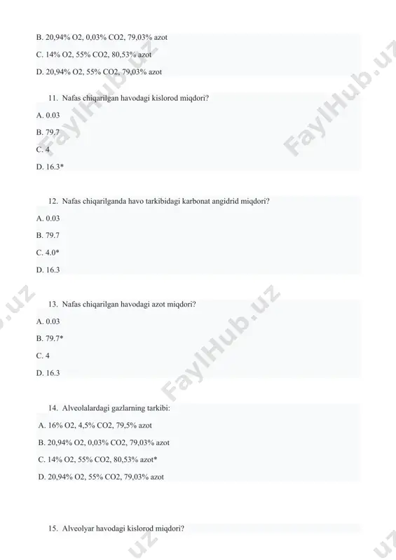 simetriya yordamida b. perkussiya usuli c. spirometriya yordamida d. suyultirish usuli* 34. tajribada odam tarkibida argon bor havodan necha daqiqa nafas oladi? a. 3-5 daqiqa b. 10-15 min c. 5-10 daqiqa * d. 10-20 min 35. qoldiq havoni aniqlashda tajribada tarkibida necha litr argon bo'lgan havodan nafas oladi? a. 3l b. 5l c. 1l * d. 4l 36. katta odamda diametri 15-30 mm bo'lgan nafas olish tizimining naycha bo'lgan qismi: a. traxeya* b. pay c. farenks d. bronx 37. traxeya diametri: a. 24-33 mm b. 17-26 mm c. 15-25 mm d. 15-30 mm* 38. o'pkaning o'tkazuvchanlik zonasiga kiruvchi bronxial daraxt necha bronxlarning generaciyasini hosil qiladi? a. 18 b. 16* c. 15 d. 19 39. anatomik zararli bo'shliq necha ml ni tashkil etadi? a. 100-150 ml b. 80-150 ml c. 150-200 ml d. 150-180ml * 40. tashqi nafas olishda nafas yo'llarini ventilyatsiya qilish amalga oshiriladi: a. tarqoq b. konveksiya orqali* c. …