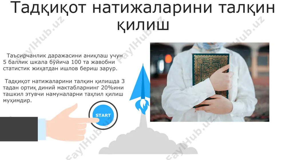 larini va diniy institutlarning rolini o'rganishda keng qo'llaniladi, tadqiqotlarda 100 dan ortiq manbalardan foydalaniladi. 06 05 04 har uch metodning o'zaro bog'liqligi 01 02 siyosiy metod diniy hodisalarning 3 ta asosiy turi (davlat dini, kuchli/kuchsiz diniy tashkilotlar)ni aniqlashda, tipologik metod esa ularni tasniflashda, qiyosiy metod esa ularni boshqa davlatlar va diniy tajribalar bilan solishtirishda yordam beradi. tipologik metod diniy ta'limotlarni 2-3 ta asosiy guruhga ajratib, siyosiy metod esa ularning hokimiyat bilan o'zaro aloqasini o'rganishga imkon beradi, bu esa qiyosiy tahlil uchun zarur baza yaratadi. metodlarni tanlash mezonlari 3 ta va undan ortiq metodlarni birgalikda qo'llash, ularning kuchli va kuchsiz tomonlarini hisobga olgan holda, tadqiqot natijalarining xolisligini ta'minlaydi. tadqiqot maqsadi va gipotezasiga mos keluvchi 2-3 ta metodni tanlash zarur, bu esa kutilayotgan natijalarning aniqligi va ishonchliligini oshiradi. qiyosiy metod: turli dinlarni taqqoslash qiyosiy metod 2 yoki undan ortiq dinning ta'limotlari, amaliyotlari va institutlarini o'zaro bog'liqlik va farqlarini aniqlash uchun ishlatiladi. ushbu …