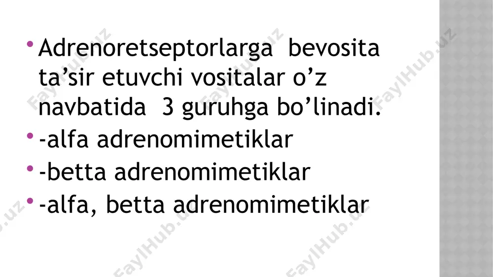 ekompensatsiyasida, yurak faoliyatini qisqa vaqt kuchaytirish uchun. qo’llanishga qarshi ko’rsatma. ideopatik gipertrofiyalangan subaortal stenozlarda. adrenalin gidroxlorid (epinephrin) 0,1% -10ml surtma uchun 0,1% -1ml ineksiya uchun.adrenalin gidrotartrat 0,18% -10ml surtma uchun 0,18% -1ml ineksiya uchun.alfa va betta adrenoretseptorlarni bevosita qo’zg’atadi.yurakning qisqarish kuchi va soni ortadi,qon bosimi ko’tariladi,ko’z qorachig’i kengayadi, ko’zning ichki bosimi oshmaydi.bronxlarning silliq muskullari bo’shashadi, bronxospazmni yuqotadi.mit sfinkterlarining tonusi oshadi,lekin a’zolar tonusi va harakati pasayadi.qorataloq qisqaradi undagi qon tomirlarga o’tadi.teri, ichak, buyrakning qon tomirlari torayadi,miya, o’pka, skelet mushaklari va yurak qon tomirlari kengayadi.giperglikemiya va giperlipidemiya rivojlanadi.mns ni tufayli bezovtalanish va tremor yuzaga keladi.tasiri davomli emas 5- 30 daqiqa. t/o,m/o, v/i ga qilinadi. qo’llanilishi.anafilaktik shok, bronxial astma, gipoglikemik koma, mahalliy anesteziya, ochiq burchakli glaukomada, qon ketishini kamaytirish uchun. qo’llanilishga qarshi ko’rsatma.gipertoniya,tireotoksikoz,ateroskleroz, qandli diabet, homiladorlik, siklopropanli narkoz. noradrenalin hydrotartrat (norepinephin) 0,2% -1ml ineksiya uchun.alfa va betta adrenoretseptorlarga bevosita tasit etadi.qon bosimi kuchli lekin qisqa oshadi,chunki teri shilliq qavatlari,mit a’zolarini buyrak va qon …