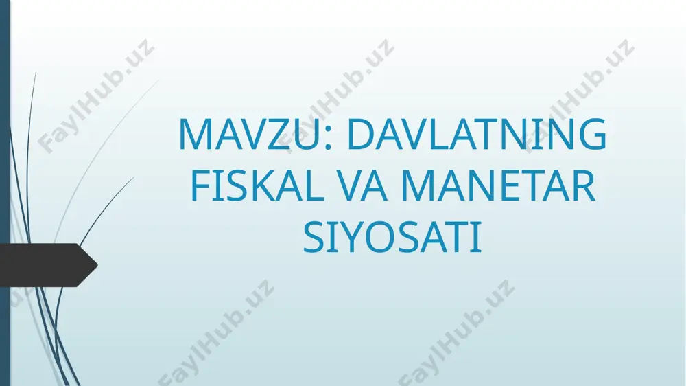 adi uning vositalari ham yalpi talabga (jami xarajatlar miqdori), ham yalpi taklifga (firmalar xarajatlari va biznes faoliyati miqdori) ta'sir qiladi. fiskal siyosatning vositalari davlat byudjetining xarajatlari va daromadlari hisoblanadi: davlat xaridlari soliqlar transfertlar 8 byudjet soliq siyosati davlat xaridlari va transfertlari xarajatlardir soliqlar byudjet daromadlarining asosiy manbai hisoblanadi, shuning uchun fiskal siyosat byudjet va soliq siyosati deb ham ataladi soliqlar byudjet daromadlarining asosiy manbai hisoblanadi, shuning uchun fiskal siyosat byudjet va soliq siyosati deb ham ataladi soliq imtiyozlari biznes faoliyatini rag'batlantirish orqali amalga oshiradi va ularning o'sishi ishlab chiqarishni to'xtatadi subsidiyalarning pasayishi ishlab chiqarishni pasaytiradi va ularning ko'payishi firmalarning mahsulot birligini ishlab chiqarish xarajatlarining pasayishiga olib keladi 9 fiskal siyosat retsessiya yoki inflyatsiya bo'shlig'ini bartaraf etish va haqiqiy ishlab chiqarishni potentsial darajaga yaqinlashtirish uchun ishlatiladi. fiskal siyosat bo'lishi mumkin: rag'batlantiruvchi va cheklovchi fiskal siyosat rag'batlantiruvchi : bu pasayish davrida amalga oshiriladi; maqsad uchun ishlatiladi iqtisodiy faoliyatni rag'batlantirish; yaimni oshirishga qaratilgan …