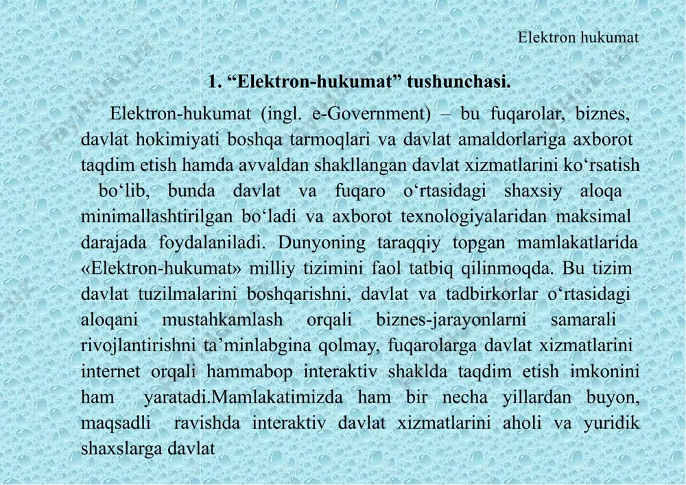 matga istalgan zamon va makonda murojaat etishi mumkinligi. ya’ni, "elektron-hukumat" fuqarolarni davlat bilan o‘zaro munosabati va davlat xizmatini sutkasiga 24 soat, haftasiga 7 kun geografik qayerdajoylashishidan qat’i nazar, ta’minlashi lozim. elektron hukumat hozirgi vaqtda fuqarolarga axborot yetkazish passiv va muntazam bo‘lmagan holda ommaviy axborot vositalari orqaligina amalga oshiriladi. odamlar yangi qonunlar, hukumat qarorlari va boshqa me’yoriy hujjatlar bilan gazeta, televideniye hamda boshqa ommaviy axborot vositalari orqali tanishadilar. lekin bu hujjatlar bilan ular zaruriyat tug‘ilganda tanisha olmaydilar.masalan, biror davlat idorasiga murojaat etilganda axborot izlash muammosi bilan bog‘lik xizmatlarga duch kelinadi. ma’lumotlarni har doim ham e’lonlar taxtasidan topib bo‘lmaydi, bunday hollarda fuqarolar kerakli ma’lumotlarni berish imkoniyatiga to‘liq ega bo‘lmagan xizmatchilarning maslahatlariga muhtoj bo‘ladilar. axborot chanqoqligini chala qondirgan fuqaro bundan so‘ng bir necha marta navbat kutib, koniqarsiz xizmatga duch keladi. bundan tashqari, davlat xizmatlari to‘lovini to‘lashda ham fuqaro jamg‘arma bankida navbat kutishi mumkin. axborotning to‘liq elektron hukumat xizmat ko‘rsatishda davlat xizmatchilarining bo‘lmaganligi va …