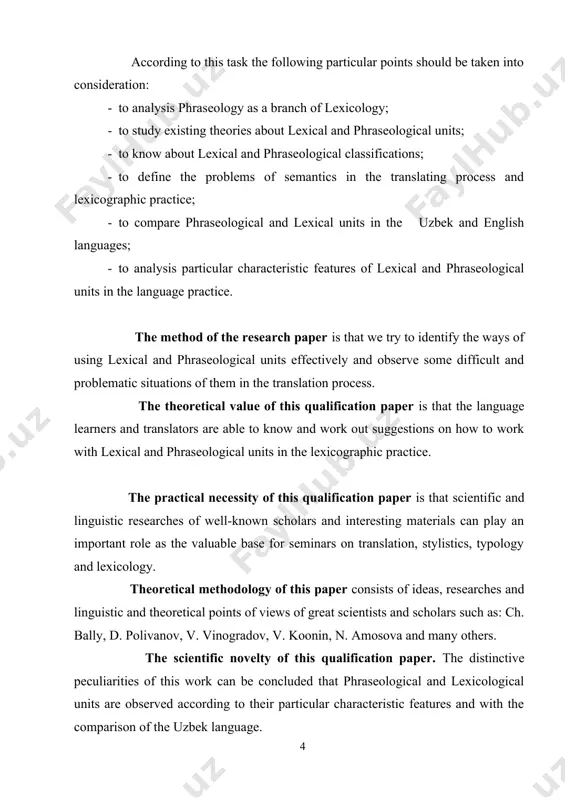 and lexicological units are observed according to their particular characteristic features and with the comparison of the uzbek language. the structure of the qualification paper consists of introduction, two chapters, conclusion and bibliography. introduction tells about the choice of the subject matter, main tasks and objects, practical and theoretical actuality of the qualification paper, the language materials of the methods, and indicates some further suggestions for researches in this field in the future. chapter i is devoted to study linguistic branch- phraseology, theoretical survey of scientific investigations on lexical and phraseological units and their classifications. chapter ii is devoted to the role of lexical and phraseological units in the lexicographic practice, characteristic features of using them and their semantic problems in the translation process. conclusion deals with information about the results of this work. bibliography informs us to the list at all literature we have used while carrying out the …