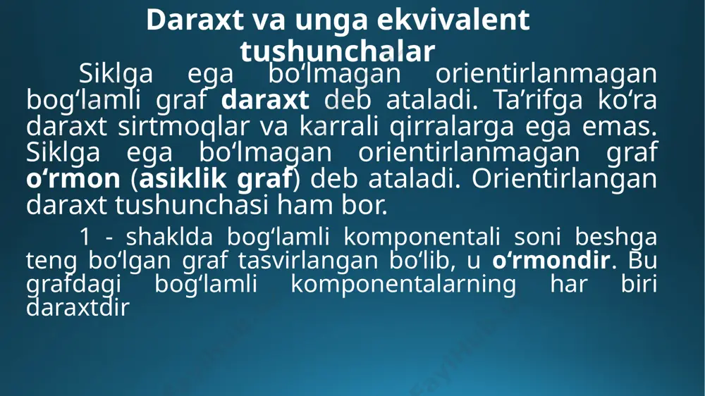 sa, bunday daraxt binar (ikkilik daraxt) deyiladi; agar shoxlanish darajasi yo 0 ga, yo 2 ga teng bo‘lsa, bunday daraxt to‘liq binar daraxt deyiladi. daraxtlar haqidagi teoremalar teoremadan olinadigan natijalar 1- natija. bittadan ko‘p uchga ega bo‘lgan istalgan daraxtda hech bo‘lmasa ikkita darajasi birga teng uchlar mavjud. 2- natija. m ta uch va k ta bog’lamli komponentali o’rmondagi qirralar soni (m-k) ga tengdir. 2- teorema. istalgan daraxtning markazi uning bitta uchidan yoki ikkita qo‘shni uchlaridan iborat bo‘ladi. 3- teorema (keli). uchlari soni m bo‘lgan belgilangan daraxtlar soni ga tengdir. image2.tmp image3.png image4.jpeg image5.tmp image6.png image6.tmp image7.gif image1.png