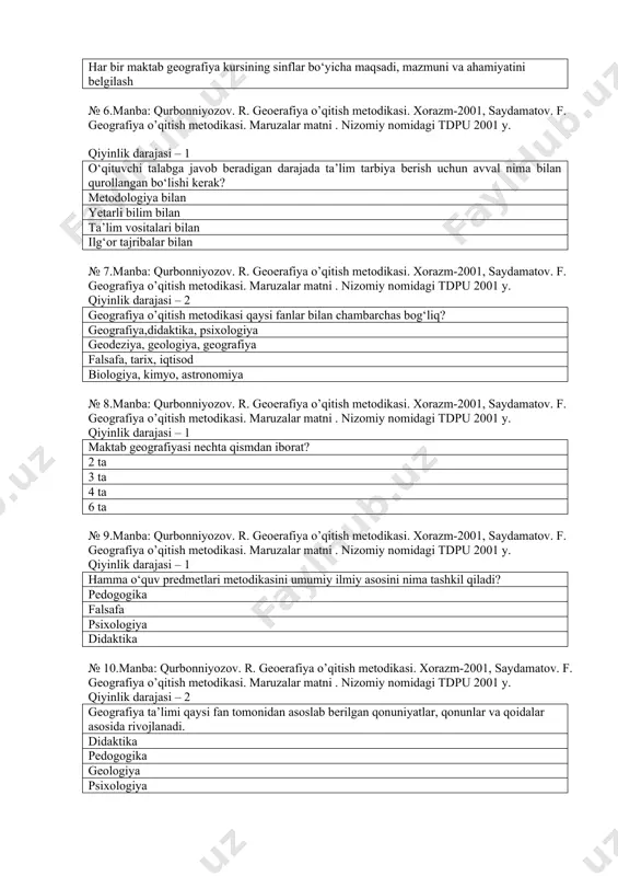 zifasi qaysi qatorda keltirilgan? maktab geografiyasining ta’limiy va tarbiyaviy maqsadlarini ochib berish hamda maktab geografiyasi mazmunini takomillashtirish o‘quvchilarga amaliy ko‘nikma va malakalarini singdirish imkoniyatlarini aniqlash va ishlab chiqish ta’limni tashkil etish turlarini ishlab chiqish va takomillashtirish har bir maktab geografiya kursining sinflar bo‘yicha maqsadi, mazmuni va ahamiyatini belgilash № 6.manba: qurbonniyozov. r. geoerafiya o’qitish metodikasi. xorazm-2001, saydamatov. f. geografiya o’qitish metodikasi. maruzalar matni . nizomiy nomidagi tdpu 2001 y. qiyinlik darajasi – 1 o‘qituvchi talabga javob beradigan darajada ta’lim tarbiya berish uchun avval nima bilan qurollangan bo‘lishi kerak? metodologiya bilan yetarli bilim bilan ta’lim vositalari bilan ilg‘or tajribalar bilan № 7.manba: qurbonniyozov. r. geoerafiya o’qitish metodikasi. xorazm-2001, saydamatov. f. geografiya o’qitish metodikasi. maruzalar matni . nizomiy nomidagi tdpu 2001 y. qiyinlik darajasi – 2 geografiya o’qitish metodikasi qaysi fanlar bilan chambarchas bog‘liq? geografiya,didaktika, psixologiya geodeziya, geologiya, geografiya falsafa, tarix, iqtisod biologiya, kimyo, astronomiya № 8.manba: qurbonniyozov. r. geoerafiya o’qitish metodikasi. …