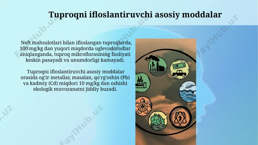 an oshishi xavfli hisoblanadi. ekologik monitoring va baholash usullari tuproqning ifloslanish darajasini aniqlashda ogʻir metallar (masalan, qoʻrgʻoshin, kadmiy) miqdori, shuningdek, 1 kg tuproqdagi zararli moddalarning umumiy soni muhim koʻrsatkichlar hisoblanadi. ekologik monitoringda suv havzalari sifati 5 ta asosiy koʻrsatkich (ph, kislorod miqdori, nitratlar, fosfatlar, bakteriyalar soni) boʻyicha baholanadi, bu ifloslanish darajasini aniqlashga yordam beradi. tabiiy muhitni ifloslantiruvchi moddalarni aniqlash usullari tabiiy muhitni ifloslantiruvchi moddalarning konsentratsiyasini aniqlash uchun spektrofotometriya usuli qo‘llaniladi, bu usul yordamida 0,1 mg/l gacha bo‘lgan miqdordagi ifloslantiruvchi moddalarni aniqlash mumkin. suv namunalarida og‘ir metallarning (masalan, qo‘rg‘oshin, simob) miqdorini aniqlash uchun atom-absorbtsion spektrometriya usuli keng qo‘llaniladi, aniqlik darajasi 0,01 ppm gacha. e'tiboringiz uchun rahmat @taqdimot_robot image2.jpg image3.jpg image4.jpg image5.jpg image6.jpg image7.jpg image8.jpg image9.jpg image10.jpg image11.jpg image12.jpg image1.png