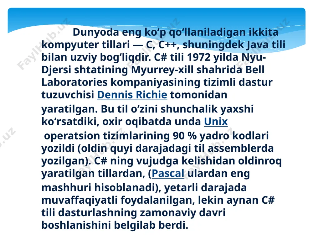 iladi. bu ref kalit so'ziga o'xshaydi , faqat ref o'zgarmaydiganni yuborishdan oldin uni boshlashni talab qiladi. bu, shuningdek, in kalit deb nomlangan usul argument qiymatini o'zgartirish uchun ruxsat bermaydi. out parametridan foydalanish uchun usul ta'rifi ham, qo'ng'iroq qilish usuli ham out kalit so'zdan aniq foydalanishi kerak. masalan: int initializeinmethod; outargexample(out initializeinmethod); console.writeline(initializeinmethod); // value is now 44 void outargexample(out int number) { number = 44; } ref parametri bilan ishlash. ref kalit so'zi mos yozuvlar tomonidan qabul qilingan bir qiymatni ko'rsatadi. u to'rt xil kontekstda ishlatiladi: uslubiy imzo va usul chaqiruvida, usulga mos yozuvlar orqali argumentlarni yuborish. usul imzosida, qo'ng'iroq qiluvchiga mos yozuvlar yordamida qiymatni qaytarish uchun. a'zo tanasida, mos yozuvlar qaytarish qiymati mahalliy sifatida qo'ng'iroq qiluvchini o'zgartirmoqchi bo'lgan ma'lumot sifatida saqlanadi yoki umuman, mahalliy o'zgaruvchi mos yozuvlar yordamida boshqa qiymatga kiradi. malumot bo'yicha argumentni o'tkazish. metod parametrlari ro'yxatida ishlatilganda, ref kalit so'z argument qiymatga emas, mos yozuvlar orqali uzatilishini …