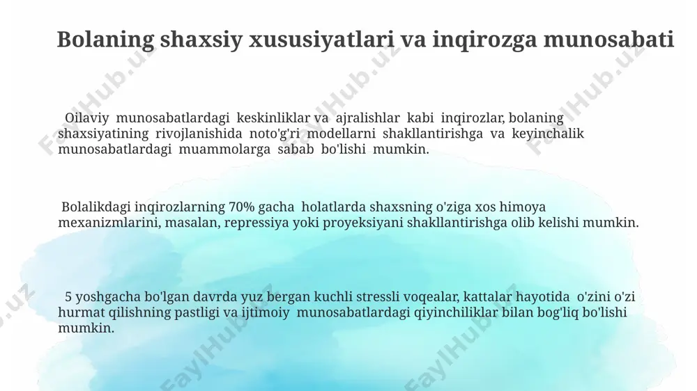 shaxsiyat buzilishlariga olib kelishi mumkin. davolash va reabilitatsiya usullari bolalikdagi inqirozlarni bartaraf etishda psixoterapiya usullari, masalan, kognitiv-xulq terapiyasi (kxt) samaradorligi 70% gacha yetishi mumkin. bolalarda stressga chidamlilikni oshirish bo'yicha 8-haftagacha davom etadigan maxsus mashg'ulotlar, posttravmatic stress buzilishi xavfini 40% ga kamaytiradi. oilaviy terapiya, bolaning 5-12 yoshlik davrida yuz bergan travmatik voqealardan keyin 3-6 oy davomida qo'llanilganda, ijobiy natijalar kuzatiladi. kelajakdagi tadqiqot yo'nalishlari turli madaniy kontekstlarda bolalik inqirozlarining shaxsiyat rivojiga ta'sirini solishtirish va miqdor jihatdan baholash orqali, 10 ta madaniy guruhni o'z ichiga olgan kross-madaniy tadqiqotlarni amalga oshirish muhim. bolalikdagi inqirozlarning turli xil turlariga (masalan, ajrashish, oiladagi zo'ravonlik, 3 yoshgacha bo'lgan davrda yuz bergan travmalar) aloqador shaxsiyat xususiyatlarini chuqurroq o'rganish kerak. genetik moyillik va bolalikdagi inqirozlarning o'zaro ta'sirini, shuningdek, epigenetik mexanizmlar rolini aniqlash uchun keng ko'lamli 500 dan ortiq ishtirokchini o'z ichiga olgan tadqiqotlarni o'tkazish zarur. stress va travmaning ta'siri bolalikdagi kuchli stress 20% gacha kattalar populyatsiyasida post-travma stress buzilishi (ptsb) …