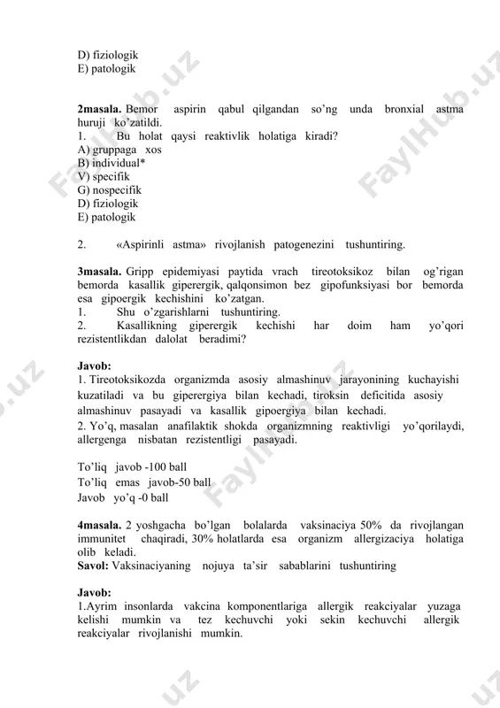 vob -100 ball to’liq emas javob-50 ball javob yo’q -0 ball 4masala. 2 yoshgacha bo’lgan bolalarda vaksinaciya 50% da rivojlangan immunitet chaqiradi, 30% holatlarda esa organizm allergizaciya holatiga olib keladi. savol: vaksinaciyaning nojuya ta’sir sabablarini tushuntiring javob: 1.ayrim insonlarda vakcina komponentlariga allergik reakciyalar yuzaga kelishi mumkin va tez kechuvchi yoki sekin kechuvchi allergik reakciyalar rivojlanishi mumkin. to’liq javob -100 ball to’liq emas javob-50 ball javob yo’q -0 ball kislota-ishqor muvazanatining buzilishi mavzusiga situacion maslalalar 1masala. bemor 56 eshda terapiya klinikasida o’pka emfizemasi bilan yotqizilgan. tekshirishda ko’krak qafasi bo’chkasimon.yurak o’ng tarafga kengaygan. o’pkada qutisimon tovush, o’pka chegaralari kengaygan ekskurciyasi kam. auskultaciyada quruq hirillash eshitiladi. kislota ishqor muvozanati tekshirilganda quyidagilar aniqlandi: ph 7,36, pco2 - 56 mm.sm.ust. vv – 50 mmol/l, sv – 29 mmol/l, ve - +6 mmol/l. savol: 1. bemorda nima uchun va qanday turdagi kislota asos muvozanati buzilishi rivojlangan? 2. kislota ishqor muvozanatining qaysi ko’rsatkichi birlamchi qaysilari ikkilamchi o’zgargan? …