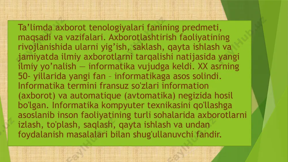 niq bir fikrlash usulini shakllantirishdir. o’qitish shakli va usuli yosh o’quvchilarning fikrlashini va ijodiy qobiliyatini rivojlantirishga yo’naltirilgan bo’lishi lozim. masalaning qiyin tomoni shundaki, bir tomondan o’quvchining fikrlashini va ijodiy qobiliyatini rivojlantirish bo’lsa, ikkinchi tomondan ularga zamonaviy kompyuterlar olami haqidagi bilimlarni qiziqarli va uyg’un ko’rinishda berishdir. informatika fanining yoshlik darajasidagi dolzarblik jihatlari quyidagilarda akslanadi: - o’quvchilarda axborotlarni qayta ishlash jarayonida fikrlash tartibotlarini, jumladan, mantiqiy va abstrakt fikrlashni shakllantirish. - kompyuterdan o’quv vositasi sifatida foydalanishni ta’minlash maqsadida, uning yordamida axborot ustida amaliy ishlar olib borish, zamonaviy dasturiy ta’minot bilan tanishish. - kompyuterdan foydalanish ko’nikmasini shakillantirish o’quvchilarda uni o’rganilayotgan jarayonda hisoblash, tasvirlash, tahrirlash ishlarini bajarishda vosita sifatida qo’llash tajribasiga ega bo’ladilar. - yoshlarda hisoblash texnikasiga nisbatan uning samarali vosita sifatidagi ijobiy munosabatlarni shakllantiradi. - yoshlarda turli o’quv kurslarida olayotgan axborot va ma’lumotlarni kompleks ravishda o’rganish hamda ularning uzviyligini ta’minlash ko’nikmasini shakillantiradi. kompyuter o’quvchilarning ijodiy va abstrakt fikrlash darajasini yaxshiroq tushunish, o’z navbatida keng …