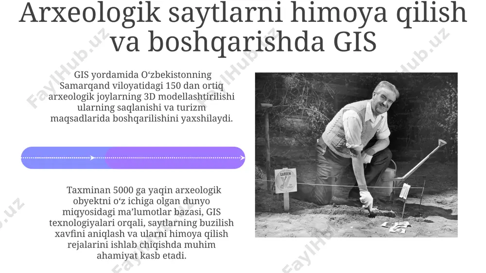 lga borib, global miqyosda, 500 dan ortiq arxeologik obyektlarning gis asosidagi virtual sayohatlari, keng jamoatchilikka, jumladan, avstraliya va janubiy amerikadagi muzeylar orqali, taqdim etiladi. yaqin 5 yil ichida, dunyoning 10 ta yirik arxeologik markazida, jumladan, misr va rimdagi joylarda, 3d skanerlash texnologiyalari yordamida yuqori aniqlikdagi gis ma'lumotlar bazasini yaratish rejalashtirilgan. e'tiboringiz uchun rahmat @taqdimot_robot image4.jpg image5.jpg image6.jpg image7.jpg image8.jpg image9.jpg image10.jpg image11.jpg image12.jpg image13.jpg image14.jpg image15.jpg image16.jpg image1.jpeg image2.jpeg image3.jpeg