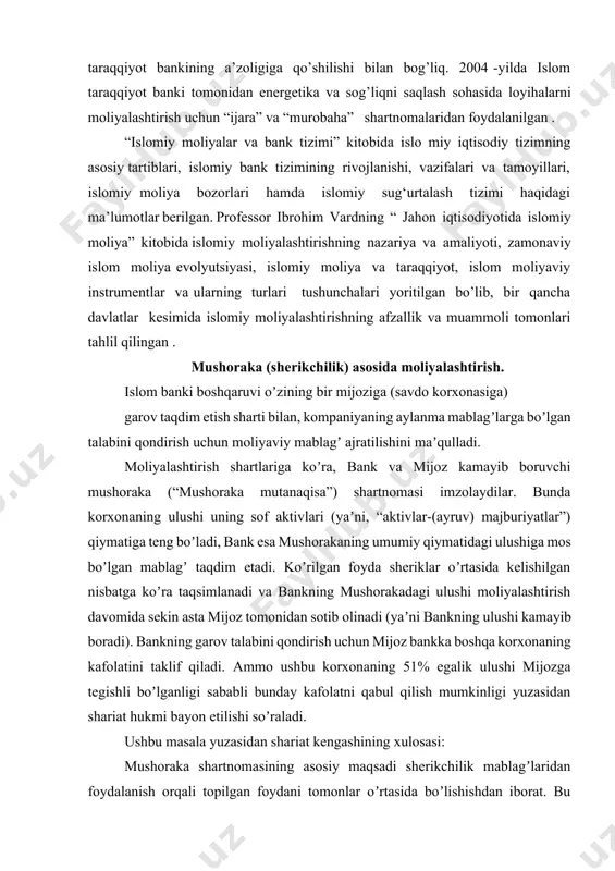 ar biror tarafning foydasiga uchinchi bir taraf tomonidan kafolatlanishiga ruxsat etiladi, ammo bunday kafolat xolisona berilgan boʼlishi, yaʼni moliyaviy yoki nomoliyaviy evazlarsiz boʼlishi va shular bilan birga mushoraka kelishuvidan butunlay mustaqil boʼlishi kerak. yuqorida koʼrsatilgan holatda, kafolat berayotgan uchinchi taraf 51%ga mushoraka shartnomasi ishtirokchisi boʼlgan mijozga tegishli boʼlganligi uchun, shariat nuqtai nazaridan bunday kafolat joiz emas. buning sababi shuki, kafolat taqdim qilinayotgan (bu holatda mijoz) va kafolat berayotgan (uchinchi taraf) tomonlar oʼrtasida yirik egalik munosabatlari boʼlmasligi kerak. zamonaviy shariat ulamolari kafolat taqdim qilinayotgan tarafning kafolat berayotgan uchinchi tomonda koʼpi bilan 50% egaligi boʼlsa kafolat qabul qilinishi mumkin deb hisoblaydilar. yuqoridagi qoida – kiritilgan sarmoyani yoʼqotilishini kafolatlash yuzasidan. аmmo, agar kafolat mushoraka kelishuvi shartlarining qasddan buzilishi, suiisteʼmol yoki loqaydlik qilinishi sababidan yuzaga keladigan zararlarni qoplash maqsadida boʼlsa, u holda mijozning oʼzidan yoki uning toʼliq yoki qisman egaligida boʼlgan tashkilotdan kafolat olishga ruxsat beriladi. bu kabi kafolat olishga ruxsat etilishining sababi shuki, …