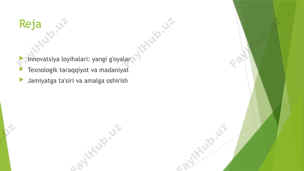 xnologik taraqqiyot madaniyatni o'zgartirib, yangi usullar va vositalar yordamida kreativ g'oyalarni amalga oshirish imkonini yaratadi. 3 madaniyatning roli madaniyat, innovatsiyalarning qabul qilinishida muhim rol o'ynaydi, u jamiyatning ehtiyojlari va qadriyatlariga mos g'oyalarni shakllantiradi. 4 o'zaro ta'sir madaniyat va texnologiya o'rtasida o'zaro ta'sir mavjud, bu esa innovatsion yechimlarning samaradorligini oshirishga yordam beradi. innovatsion texnologiyalar: madaniyatni qanday o'zgartiradi? innovatsion texnologiyalar madaniyatni yangi yo'nalishlarga olib keladi. ular ijodkorlik va san'atni rivojlantirib, zamonaviy qabul qilish usullarini taqdim etadi. masalan, raqamli san'at va onlayn ko'rgazmalar madaniyatning global tarqalishiga yordam beradi. photo by kir on unsplash jamiyat va madaniyatdagi texnologik yutuqlar: o'rganish va tadqiqotlar. 1 texnologik yutuqlar texnologik yutuqlar jamiyatda yangi imkoniyatlarni yaratadi, innovatsiyalar orqali iqtisodiy o'sishni ta'minlaydi va insonlarning hayot sifatini yaxshilaydi. 2 o'rganish jarayonlari texnologik yutuqlarni o'rganish jarayonlari, yangi bilimlarni kashf etishga yordam beradi, ilmiy tadqiqotlar orqali yangi g'oyalar va yechimlar rivojlanadi. 3 jamiyatga ta'siri texnologiya va madaniyat o'rtasidagi bog'liqlik, ijtimoiy o'zgarishlarga ta'sir qiladi, …