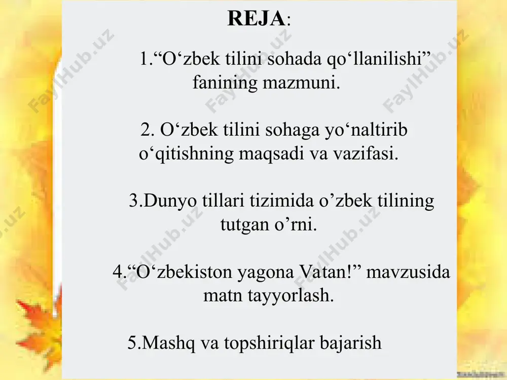n iqtisodini yuksaltirishga, uni jahonda munosib o‘rin egallashiga hissa qo‘shadi, chet mamlakatlarda va yurtimizda davlatimiz manfaatini himoya qiladi, kuch-qudratini namoyish etadi. shunga ko‘ra, bo‘lajak kadrlar davlat tili – o‘zbek tilini mukammal, aniq va ravshan egallashlari shart. irrigatsiya lot – suv qo’yish, sun’iy sug’orish. ma’nosi suvsiz yerlarda suv chiqarish, dalalarni, ekin maydonlarini sug’orish ishlari. ekologiya- yun. okios- vatan,uy logos- ta’limot odam va tabiat munosabatini o’rganuvchi fan. kadastr- (frans. cadastre varaq ro’yxat)-muayyan ob’yektlar to’g’risida tartiblashtirilgan aniq va zaruriy ma’lumotlar majmui, ro’yxati, reyestri(mas, yer kadastri, suv kadastri kabilar.) topshiriq. bulut ichida so‘zlar keltirilgan. ularni matn ichiga to‘g‘ri joylashtiring. , -………hurmatli hujjatlar, bu yoqqa o‘tinglar! faxriy yorliqlar o‘ngga, tashakkurnomalar chapga. diplomjon! sizga davra to‘ri muntazir. sertifikatxon, toifangiz qanaqa? mahalliy bo‘lsa, chetroq turing. xalqaro bormi, xalqaro? … , markazga! kimlar qoldi? taqrizlar, tavsiyanomalar, fikrnomalar tik tursa ham bo‘laveradi. kitoblar ham bor ekan-ku, … ularga joy qolmadi-yov. … , insonning o‘zi qani? (n. ibrohimova) darvoqe , …