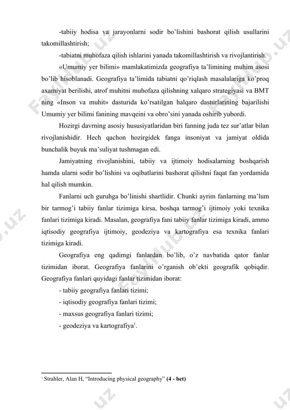 hon hozirgidek fanga insoniyat va jamiyat oldida bunchalik buyuk ma’suliyat tushmagan edi. jamiyatning rivojlanishini, tabiiy va ijtimoiy hodisalarning boshqarish hamda ularni sodir bo’lishini va oqibatlarini bashorat qilishni faqat fan yordamida hal qilish mumkin. fanlarni uch guruhga bo’linishi shartlidir. chunki ayrim fanlarning ma’lum bir tarmog’i tabiiy fanlar tizimiga kirsa, boshqa tarmog’i ijtimoiy yoki texnika fanlari tizimiga kiradi. masalan, geografiya fani tabiiy fanlar tizimiga kiradi, ammo iqtisodiy geografiya ijtimoiy, geodeziya va kartografiya esa texnika fanlari tizimiga kiradi. geografiya eng qadimgi fanlardan bo’lib, o’z navbatida qator fanlar tizimidan iborat. geografiya fanlarini o’rganish ob’ekti geografik qobiqdir. geografiya fanlari quyidagi fanlar tizimidan iborat: - tabiiy geografiya fanlari tizimi; - iqtisodiy geografiya fanlari tizimi; - maxsus geografiya fanlari tizimi; - geodeziya va kartografiya . like many other areas of study, geography can be regarded as having a number of subfields, each with a different focus but often overlapping and interlocking with other subfields. we can organize …