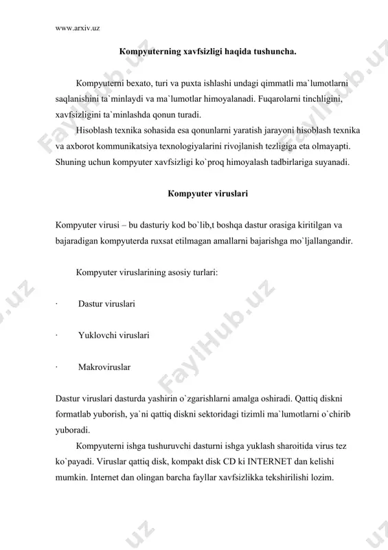mini oldini olish, agar virus kompyuterga kirib olgan bo`lsa ularni antivirus dasturlar yordamida yo`q qilish. viruslardan himoyalanishni uchta usuli bor: himoyani dasturiy usullari, himoyani apparat usullari, himoyani tashkiliy usullari. «кasalni davolashdan ko`ra uni oldini olish yaxshi» iborasini qo`llab virusga qarshi kurashda samaraga erishiladi. buning uchun aloqa vositalaridan kelayotgan fayl ko`rinishidagi ma`lumotlarni avp kasperskaya antivirus dastur aro yordamida nazoratdan o`tkazib so`ng xotiraga yoziladi. himoyani antivirus vositalari кompyuter viruslariga qarshi kurashda dtweb, web32,. norton antivir. avp kasperski va noviskiy antivirus dasturlari ishlatib kelinmoqda. bu dasturlarni oxirgi versiyalarini internet tarmog`idan olish mumkin, chunki uning antivirus bazasi har doim yangilanib boriladi.bu dasturlar yordamida fayllarni va jildlarni xususiyatlari va o`lchamlarini o`zgarishini operativ nazorat qilib borish ta`minlanadi va displey ekraniga tekshirish hisobotlari chiqariladi. internetda axborotni himoyalash jahon kompyuter tarmog`ida ishlayotganda shuni yodda tutish kerak, maxsus dasturiy vositalar tomonidan bajarilgan barcha qonuniy va noqonuniy amallar qayd etiladi va protokol yoziladi, albatta jamlanadi. 1999 yildan boshlab internet chakana …