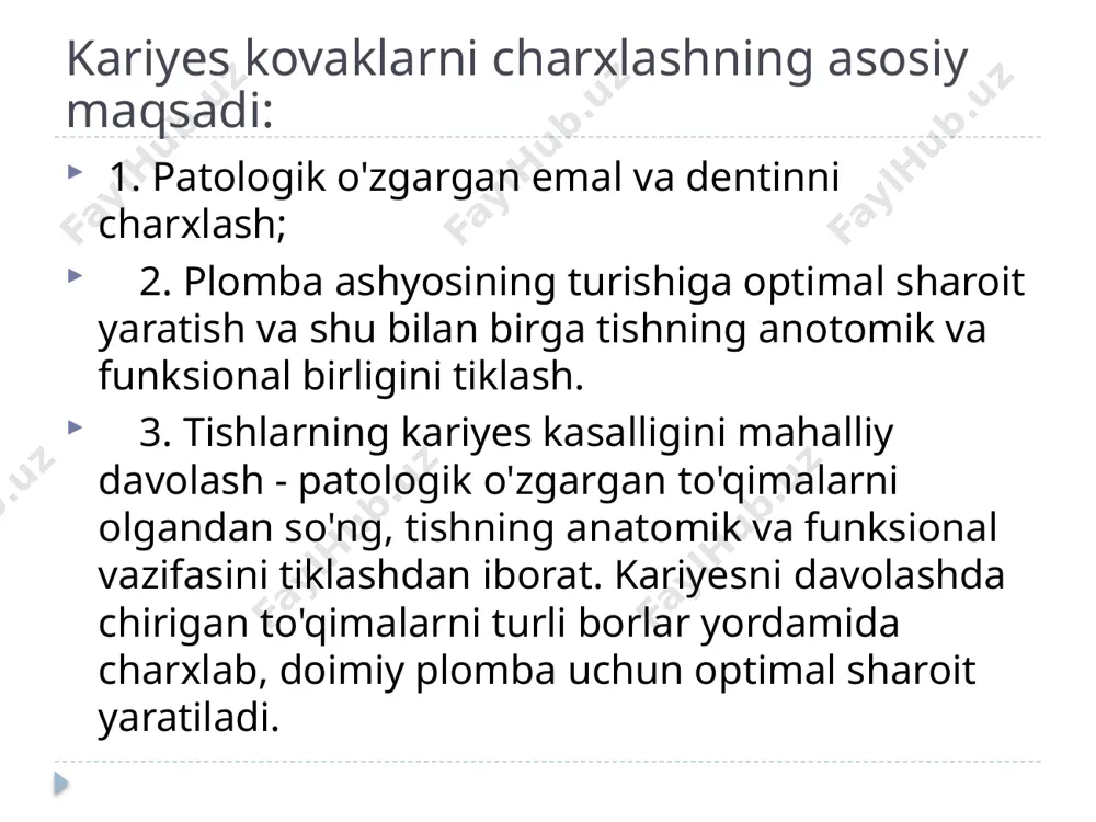 ning chaynaganda yuzaga chiquvchi kuchlar uchun chidamliligini ta’minlovchi preparovkalar; 4. osilib turuvchi, tayanchga ega bo’lmagan emal qirralarini, ularning sinishi va kariyes retsidivini oldini olish maqsadida olib tashlash; 5. plomba qo’yish uchun qulay bo’lgan bo’shliqni shakllantirish. 1-bosqich. karioz kovakni ochish. bo’shliqni ochish osilib qolgan va tagida qalin, sog’lom dentin to’qimasini saqlamagan emalni olib tashlashdan boshlanadi. bunda olib tashlanadigan to’qima miqdori karioz o’chog’i hajmiga qarab belgilanadi. bu bosqichning maqsadi shikastlangan to’qimaga kirish imkoniyatinini yaratish va karioz jarayonining hajmini aniqlashdan iboratdir. bo’shliqni ochish kerakli o’lchamdagi olmos yoki qotishmali fissur yoki sharsimon (alangasimon) bor bilan yuqori tezlikda (turbinali dastakda), havo-suvli sovutish bilan amalga oshiriladi. 2-bosqich. profilaktik kengaytirish. o’rta o’lchamdagi konussimon, alangasimon va fissur borlar bilan amalga oshiriladi. bu bosqichda bo’shliqqa yakuniy tashqi ishlov beriladi. i.g.lukomskiy “biologik muvofiqlashtirish” metodi bilan ishlanganda bu bosqich amalga oshirilmaydi. blekning “profilaktik kengaytirish” metodi bilan ishlanganda bo’shliq immun zonalargacha kengaytiriladi. 3. nekrektomiya (nekrotomiya, " kariesni olib tashlash") ushbu bosqich karioz …