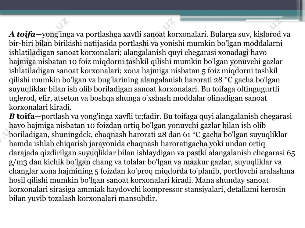 lozim; 6) suyuqliklar va suyultirilgan gazlarning bug'lanish davrlari, shu suyuqlik va gaz to'la bug'lanishgacha o'tgan vaqt hisoblanadi, ammo bu vaqt 1 soatdan oshmasligi kerak; 7) muhitda portlashga xavfli aralashma hosil bo'lishi aralashma alangalanishining quyi chegarasiga qarab belgilanadi. bu zapas koeffitsiyenti 1,5 deb qabul qilinadi; 8) hamma hollarda sanoat korxonasi xonasining bo‘sh hajmi, ya’ni mashina va mexanizmlar o‘matilmagan hajmi hisobga olinadi yoki xonaning umumiy geometrik hajmining 80 foizi deb qabul qilinadi. agar xonadagi portlashga xavfli aralashmaga xona hajmining 5 foizini bir soatdan kam bo'lgan vaqtda to'ldirgan bo'lsa, bunday sanoat korxonasi yong'inga va portlashga xavfli toifaga kiradi. agar aralashma miqdori portlashga va yong'inga xavfli bo'lgan xonaning 5 foizdan ortiq hajmini qoplashga yetarli bo'lgan miqdorga yetmasa yoki bu miqdorga yetish vaqti 1 soatdan ortiq vaqtga to'g'ri kelsa, unda bu sanoat korxonasining toifasini aniqlaganda moddaning xossasiga asosan, uning xonani qoplashini hisobga olgan holda, portlash xavfi yo'q hisoblanadi. sanoat korxonalarini loyihalash va qurishda yong'inga qarshi …