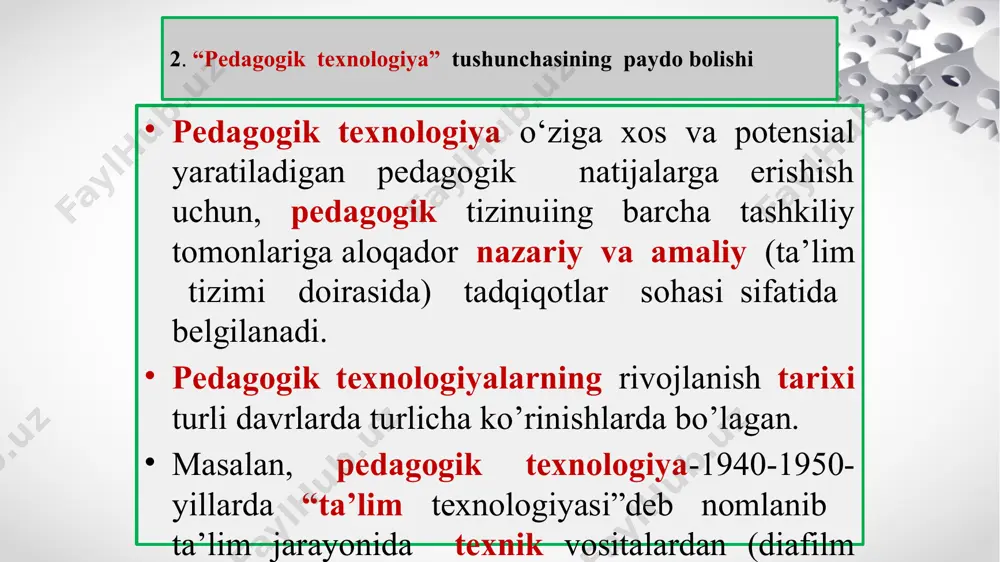 i marta “pedagogik texnologiyalar sohasida tadqiqotlar” jurnali nashr etildi. yaqinda “pedagogik texnologiyalar bo’yicha umumyapon markaziy kengashi” tashkil etildi, u muammolar bo’yicha xalqaro aloqalar o’rnatish bilan ham shug’ullanadi. italiyada – 1971 yili pedagogik texnologiyalar bo’yicha milliy markaz tashkil etildi va “pedagogik texnologiyalar” jurnali nashr etiladi. vengriyada – 1973 yili o’qitish texnologiyasi davlat markazi tashkil etildi. o’qitish texnologiyasi bo’yicha xalqaro seminarda (budapesht, 1977) olim s.g.shapovalenko o’qitish jarayonining uchta texnologik printsiplarini ko’rsatdi: bilim va texnikani mukammal egallash. audiovizual materiallari fondi bilan tanishish. ulardan samarali foydalanish metodikasini bilish, shu jumladan ijodiy yondashishi rivojlanishi ham. xx asrning 80-yillarida zamonaviy pedagogik jarayonni, pedagogik texnologiyaning mohiyatini yanada chuqurroq anglab yetishga urinishlar davom etdi. rossiya xx asrning 90-yillarida pedagogik texnologiyalar bo’yicha markaz tashkil etildi, “maktab texnologiyasi”, “ta’limda innovatsiyalar” jurnallari nashr etiladi. bilim va texnikani mukammal egallash. audiovizual materiallari fondi bilan tanishish. ulardan samarali foydalanish metodikasini bilish, shu jumladan ijodiy yondashishi rivojlanishi ham. xx asrning 80-yillarida zamonaviy pedagogik jarayonni, …
