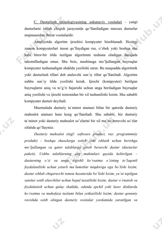 lar qo’llaniladi. algoritm ushbu sun`iy tilda yozilishi kerak. ijrochi (kompyuter) berilgan buyruqlarni aniq va to’g’ri bajarishi uchun unga beriladigan buyruqlar aniq yozilishi va ijrochi tomonidan bir xil tushunilishi lozim. shu sababli kompyuter dasturi deyiladi. muomalada dasturiy ta`minot atamasi bilan bir qatorda dasturiy mahsulot atamasi ham keng qo’llaniladi. shu sababli, biz dasturiy ta`minot yoki dasturiy mahsulot so’zlarini bir xil ma’no beruvchi so’zlar sifatida qo’llaymiz. dasturiy mahsulot (ingl: software product, rus: programmniy produkt) - boshqa shaxslarga sotish yoki ishlash uchun berishga mo`ljallangan va qator talablarga javob beruvchi dastur (dasturlar paketi). ushbu talablarning eng muhimlari quyida keltirilgan – dasturning o`zi va unga tegishli ko`rsatma o`zining to`laqonli foydalanilishi uchun yetarli ma`lumotlar miqdoriga ega bo`lishi lozim; dastur ishlab chiqaruvchi tomon kuzatuvida bo`lishi lozim, ya`ni topilgan xatolar sotib oluvchilar uchun bepul tuzatilishi lozim; dastur o`rnatish va foydalanish uchun qulay shaklda, odatda epchil yoki lazer disklarda ko`rsatma va muhofaza taxlami bilan yetkazilishi lozim; dastur qonuniy ravishda sotib …