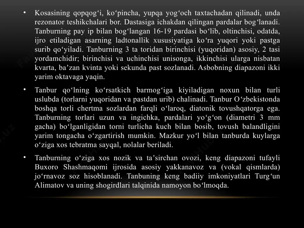 rdalari o‘n bitta bo‘lgan dutor cholg‘u asbobi ta’riflanadi. tanbur - musiqiy cholg‘ular orasida qadimiysi va eng zabardasti hisoblanadi. tarixiy manbalarda ham qadim zamonlardan xalqlar orasida tanbur, tempura nomli cholg‘ular keng ommalashganligi xususida ko‘p ma’lumotlar bayon etilgan. forobiy, ibn sino, darvish ali changiy, fitrat risolalarida tanburning turli (tarixiy, shakliy, tarkibiy namunalari va ijrochilik) xususiyatlari ifodalangan. tanbur o‘tmishdan xalq ijrochilik amaliyotida keng qo‘llanilib kelinganligi sababli uning turlari ham bo‘lgan. o‘rta asrlarda kasbiy musiqaning shakllanishiga tanbur ham o‘zining hissasini qo‘shganligi munosabati bilan amaliyotda yetakchi sozlar qatoriga kira boshlagan. o‘zbek maqom san’atining shakllanishida ham tanbur asos va yetakchi cholg‘u sifatida e’tirof etiladi . “e’tiboringiz uchun rahmat” image1.png image3.jpg image4.jpg /docprops/thumbnail.jpeg