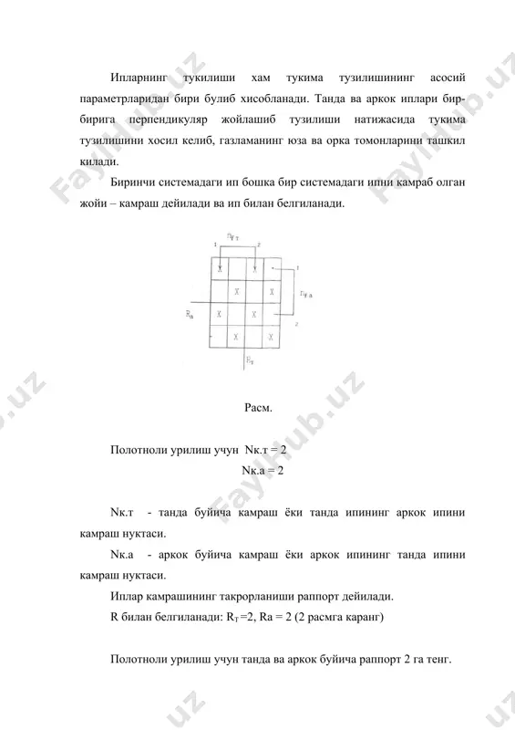 ртиб олинган ипнинг узунлиги, мм lтукима –шу киркиб олинган тукима узунлиги, мм тукув фабрика лабораторияларида купинча 2 чи куриниш, яъни тукимадаги ипларнинг киришиши аникланади. ипларнинг киришиши кул усулда аникланади: тукима маълум узунликда (10см, 20см) олиниб, ундан танда ёки аркок ипи секин пинцет ёрдамида чикариб олиниб, чизгичга ипнинг эгилиги тугрилаб узунлиги улчанади. бу формуладаги ипнинг узунлиги булади. шу ип узунлиги билан 20 см тукима узунлиги орасидаги фарк фоиз хисобида аникланади ипнинг танда ёки аркок буйича киришиши хисобланади. текисланмаган ип текисланган тп узунлиги мисол: lтукима=20 см lип=29 см q= киришиш адабиётлар: 1. мартынова а.а., черникина а.а. лабораторный практикум по строению и проектированию тканей. м., 1978. 2. сумарокова р.и. и др. технология ткацкого рисунка, теории переплетений, потранирование. м., 1984. 3. хамраева с.а. структуры и свойства текстильных материалов. бухара, 1992. _1205217304.unknown _1205220205.unknown _1205221968.unknown _1205304535.unknown _1206528666.doc _1205661119.unknown _1205302155.unknown _1205221853.unknown _1205221907.unknown _1205220450.unknown _1205219976.unknown _1205219989.unknown _1205217469.unknown _1205134986.unknown _1205216557.unknown _1205216581.unknown _1205135050.unknown _1205133593.unknown _1205134603.unknown _1205133292.unknown