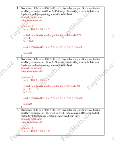 dasturlash tilida qiymatlar ustida arifmetik amallar — DOCX