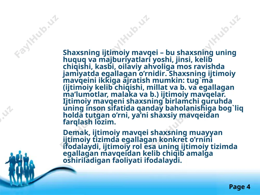 o’zi egalik qilishga kirishadi va ham o’ziga, ham boshhalarga nisbatan bo’lgan munosabatlarda o’ziga o’zi egalik qiladi. bu o’ziga o’zi egalik qilishga kirishish, shuningdek, bu holatni voqyelik deb bilish shuni ko’rsatadiki, inson o’z tushunchasiga binoan (imkoniyat, qobiliyat, moyillik), endi o’zini o’ziniki deb bilishi, o’zini xuddi predmetdek hisoblashi - oddiy o’zini o’zi anglashdan farq qilib, u haqiqatda narsa (buyum) shaklida namoyon bo’la olish qobiliyatiga erishadi» free powerpoint templates page ‹#› individ esa inson zotining alohida olingan nusxasi, uning vakillaridan biridir. shaxs esa u yoki bu inson sifatida namoyon bo’lib, u ma’lum va betakror individuallikka ega bo’ladi. individning jamiyatga kirish jarayonlari uning ijtimoiylashuvini ta’minlaydi. ijtimoiy munosabatlarga kirishish natijasida uning jamiyatdagi qadriyatlar va me’yorlarni o’zlashtirib borishi uchun zamin yaratadi. bu jihatdan u ijtimoiy ta’sir obyektidir. shuningdek, individ ijtimoiylashuv oqibatida jamiyatdagi turli munosabatlarda faollashadi va bunda u ijtimoiy munosabatlar subyekti sifatida harakatlanuvchi shaxsga aylanadi. an’anaviy jamiyatlarda insonning yaratuvchilik ijodiy qobiliyati ancha chegaralangan edi. chunki, an’anaviy …