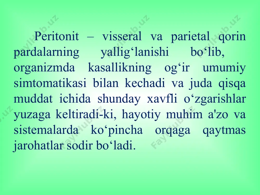 uli imkoni yo‘q shifo-xonalarda qo‘llani-ladi. o‘tkir peritonitni davolash bosqichlari amaliyot oldi tayyorgarlik jarrohlik usuli amaliyotdan keyingi davolash amaliyotdan oldingi tayyorgarlik muammosi bir tomondan buzilgan funksiyalarni shunchalik yetarli tiklash lozimki, amaliyot bemor uchun eng kam xavf tug‘dirsin ikkinchi tomondan qorin bo‘shlig‘idagi yiringli jarayonni iloji boricha tezroq bartaraf qilish lozim, bu o‘z navbatida amaliyot oldi tayyorgarlikni tejaydi. bemor ahvoli qanchalik og‘ir bo‘lsa amaliyot oldi tayyorgarligi shunchalik murakkab bo‘ladi barvaqt jarrohlik amaliyoti maximum 2 soat i. volemik, elektrolit va mikrosirkulyator buzilishlar korreksiyasi laktosol' disol' ringera eritmasi 30-40ml 10% kaliy xlorid eritmasi reopoli- glyukin va gemodez ii. gipo- va disproteinemiya korreksiyasi al'bumin 100-200 ml s z p 200-300 ml yoki iii. me'da-ichak trakti dekompressiya va sekresiyani kamaytirish zantak 2,0 m\o sekresiyani kamay-tirish va aspirasii profilaktikisi uchun bundan tashqari: vi. anemiyani bartaraf etish viii. ogrik impul'slarini bloklash vii. metabolik asidozni bartaraf etish ix. glyukokortikoidlar x. proteaza ingibitorlari xi. antibakterial terapiya bundan tashqari: o‘tkir peritonitda asosiy …