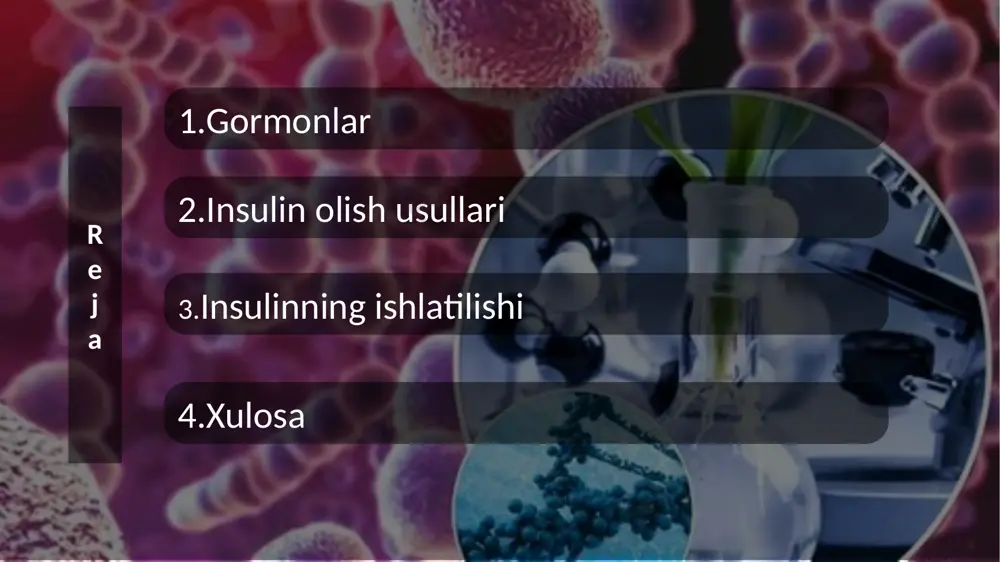 linni sintez qilish va yig‘ish 1. maqsadli genni aniqlash va sintez qilish 7. sifat nazorati 8. klinik qo‘llash uchun tayyorlash 6. qadoqlash va sterilizatsiya 4. tozalash (purifikatsiya) maqsadli genni aniqlash va sintez qilish gen tanlash: inson insulinini kodlovchi gen aniqlanadi. genni klonlash: ushbu gen laboratoriyada klonlanadi va genetik modifikatsiya uchun tayyorlanadi. genni kiritish: inson insulin genlari bakteriyalar (e. coli) yoki xamirturush hujayralari genomiga kiritiladi. genetik modifikatsiyalangan mikroorganizmlarni ishlab chiqish transformatsiya: genetik jihatdan o‘zgartirilgan bakteriyalar yoki zamburug‘lar hosil qilinadi. ishlab chiqarish quvvatining oshirilishi: bu mikroorganizmlar maxsus ozuqa muhitida o‘stiriladi. insulinni sintez qilish va yig‘ish proinsulin ishlab chiqarish: mikroorganizmlar proinsulin ishlab chiqaradi (bu insulinning dastlabki shakli). insulin molekulasini yig‘ish: proinsulin hujayralardan ajratib olinadi va fermentlar yordamida faol insulin shakliga o‘tkaziladi. tozalash (purifikatsiya) kimyoviy tozalash: insulin qoldiqlardan, ozuqa moddalaridan va boshqa oqsillardan ajratiladi. sof insulin olish: bir necha bosqichli chromatografiya va filtratsiya orqali 99% sof insulin olinadi. insulinni shakllantirish insulin kerakli farmatsevtik shaklga …