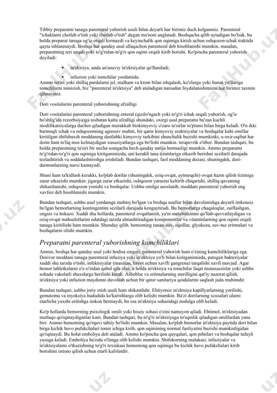 oma va inyeksiya hududida ko'karishlarga olib kelishi mumkin. ba'zi dorilarning xossalari ularni etarlicha yaxshi eritishga imkon bermaydi, bu esa in'ektsiya sohasidagi nodulga olib keladi. ko'p hollarda bemorning psixologik omili yoki hissiy sohasi o'zini namoyon qiladi. ehtimol, in'ektsiyadan mutlaqo qo'rqmaydiganlar kam. bundan tashqari, bu to'g'ri in'ektsiyaga to'sqinlik qiladigan omillardan yana biri. ammo bemorning qo'rquvi tabiiy bo'lishi mumkin. masalan, ko'plab bemorlar in'ektsiya paytida dori bilan birga kichik havo pufakchalari tomir ichiga kirib, qon oqimining normal faoliyatini buzishi mumkinligidan qo'rqmaydi. bu holat emboliya deb ataladi. ammo ko'pincha qon quyqalari, qon pıhtıları va boshqalar tufayli yuzaga keladi. emboliya ba'zida o'limga olib kelishi mumkin. shifokorning malakasi, infuziyalar va in'ektsiyalarni o'tkazishning to'g'ri texnikasi bemorning qon oqimiga bu kichik havo pufakchalari kirib borishini istisno qilish uchun etarli kafolatdir. dori vositalarini parenteral yuborish usuli (in'ektsiya) - ovqat hazm qilish traktini chetlab o'tadigan dorilarni kiritish (quyidagi diagrammaga qarang). tibbiyot amaliyotida in'ektsiya keng qo'llaniladi. parenteral yuborishning afzalliklari: - harakat tezligi; …