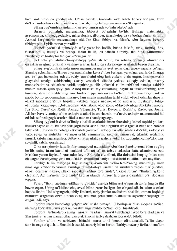 ir-biriga qo‘shiluvi natijasida sharqda bir butun madaniyat tarkib topadi va rivojlana boshlaydi. yaqin va o‘rta sharqda, jumladan eron, kavkaz orti va o‘rta osiyoda savdo aloqalarining rivojlanganligi, hunarmandchilikning taraqqiy etishi, iqtisodiy va madaniy aloqalarining barchasi umumiy rivojlanishga ta’sir etdi. yaqin va o‘rta sharq mamlakatlaridagi madaniy yuksaklikka olib kelgan asosiy sabab feodal munosabatlarning yangi bosqichi bo‘ldi. bu davr madaniy taraqqiyotida arab xalifaligiga bo‘ysungan mamlakatlarning xo‘jalik iqtisodiy aloqalarning kuchayishi va buning oqibatida turli madaniyatlar xind, o‘rta osiyo, eron, arab, yunon, rim madaniyatlarining yaqindan o‘zaro aloqasi va bir-biriga ta’sir etib borishi katta rol o‘ynaydi. bu davrda qishloq xo‘jaligida foydalaniladigan er maydonlari kengaydi, ko‘plab sug‘orish inshootlari tiklandi va yangilari qurildi, paxta, zig‘ir, kanop ekilib ular tolasidan mato to‘qildi. qishloq xo‘jaligi va hunarmandchilik sanoat mahsulotlarining ishlab chiqarilishi savdoning rivojlanishiga yo‘l ochdi, natijada yaqin va o‘rta sharq mamlakatlar ining chet davlatlar: ispaniya, xindiston, xitoy, vizantiya bilan savdo ishlari ko‘lami ortib bordi. sharq va g‘arbning hayotida yangi davr …
