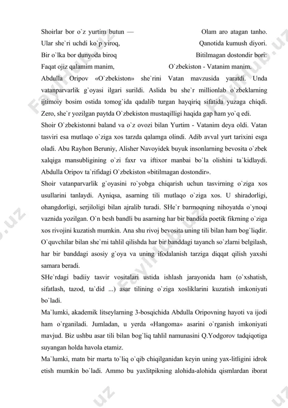 a abdulla oripovning hayoti va ijodi ham o`rganiladi. jumladan, u yerda «hangoma» asarini o`rganish imkoniyati mavjud. biz ushbu asar tili bilan bog`liq tahlil namunasini q.yodgorov tadqiqotiga suyangan holda havola etamiz. ma`lumki, matn bir marta to`liq o`qib chiqilganidan keyin uning yax-litligini idrok etish mumkin bo`ladi. ammo bu yaxlitpikning alohida-alohida qismlardan iborat ekanligini ham nazarda tutish kerak. zero, «matnning butunligiga ichki ma`no rivojidagi qismlar va butunlik-ning o`zaro aloqalari tufayli eriishladi» . bizning misolimizda u alohida-alohida bandlardan iboratdir, mana shu bandlarning muallif taqdimi va talqinidagi ketma-ketligi matn yaxlitligini ta`minlagan. endi matnning o`zini ko`rib chiqaylik. matnni shartli ravishda uch kismga ajratish mumkin: to`y xabari va yo`lga chiqish. ikki cholning adashib qolganliklarini sezishlari. qaypish. voqea shunday boshlanadi: qor yovardi bo`ralab, qolishmasdi dovuldan. to`yga aytib ketishdi shundoq qo`shni ovuldan. she`rda voqeabandlik bo`lganligi uchun ham bandlar orasidagi mantiqiy aloqadorlikni anglash unchalik siyin emas. ko`rinib turibdiki, matn dastlab oddiy xabar bilan boshlanmoqda. ьundan keyingi voqelar rivoji uchun asos …