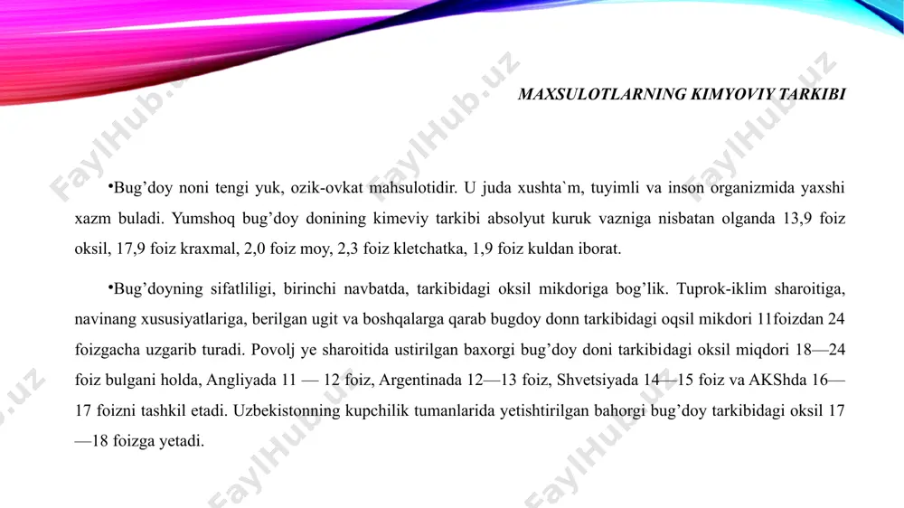 ari donining urtacha kimyovin tarkibi (foiz hisobida) 5-jadvalda keltirilgan. ayrim dukkakli don ekinlari donining tarkibida ma`lum mikdorda oksil bulishi bilan birga, anchagina (soyada 19 foiz, nutda 4,5 foiz, lyupinda 5 foiz) moy xam bor. bu ekinlarning doni va vegetativ organlari tarkibida mineral moddalar: a, v, v1, s, d, ye, rr va boshqa vitaminlar kup. bu ularning oziq-ovqatlik va yem-xashaklik kimmatini yanada oshiradi. kupchilik dukkakli usimliklarning doni oziq-ovqat sanoati va yengil sanoatning boshka tarmoqlarida qimmatli xom ashyo xisoblanadi (yashil nuxat, dukkak va loviya konservasi, yorma, un, moy, usimlik kazeini, lak, emal, plastmassalar, sun`iy tola tayyorlanadi va hoqazo). image2.png image1.png /docprops/thumbnail.jpeg