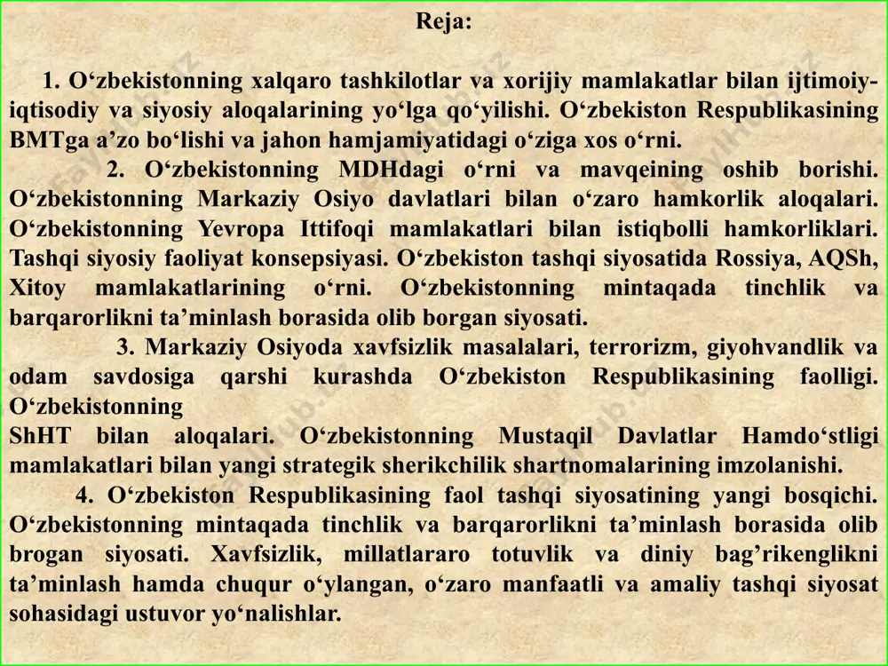 h tashkiloti (voz), bmt yevropa iqtisodiy komissiyasi (yeek), savdo va rivojlanish bо‘yicha bmt konferensiyasi (yunktad), butunjahon intellektual mulk tashkiloti (vois), xalqaro mehnat tashkiloti (mot), butunjahon savdo tashkiloti (vto), bmtning atrof-muhit bо‘yicha dasturi (yunep), oits bilan kurashish bо‘yicha bmt dasturi, parlamentlararo ittifoq aniqlanishicha, sayyoramizda o‘zining betakror madaniy va ma’naviy qadriyatlariga ega bo‘lgan 1600 dan ortiq etnik guruhlar mavjud bo‘lib, shundan, bor-yo‘g‘i 200 dan oshiqrog‘i o‘z davlatchiligiga egadir. shundan: buyuk millatlar (xitoylar, hindlar, amerikaliklar, ruslar, yaponlar - har biri yuz mln. dan ortiq aholi soniga ega). katta millatlar (50 mln. dan 100 mln. gacha: inglizlar, fransuzlar, ispanlar, olmonlar, turklar va boshqalar). 3. yirik millatlar (10 mln. dan 50 mln. gacha: o‘zbeklar, portugallar, polyaklar, efiopiyaliklar va hokazo). 4. o‘rta sonli millatlar (1 mln. dan 10 mln. gacha). 5. kichik millatlar ( bir necha 10 mingdan 1 mln. gacha). 6. umuman olganda, jahondagi eng yirik 27 millatdan tashkil topgan xalq yer yuzi aholisining qariyib …