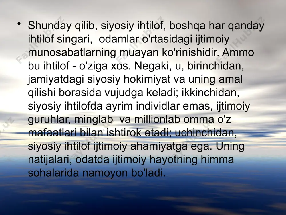 iy ihtiloflarning oldini olish uchun iqtisodiy, siyosiy, ijtimoiy, ideologik, huquqiy manbalar mavjud bo'lishi zarur. ihtiloflarning oldini olish uslub va vositalar majmui orqali amalga oshadi. ular vaziyatni real baholash, ijtimoiy jarayonlarda ishtirok etayotgan barcha sub'ektlar manfaatlarini kelishtirishga alohida e'tibor berish va boshqalar fikriga sabr—toqat bilan yondashish (tolerantlik) imkoniyatlarini hisobga olgan holda samara beradi. har qanday ihtilofni bartaraf etish eng kamida uch bosqchdan iborat. • birinchisi — tayyorgarlik bosqchi—ihtilof tashxisidir. • ikkinchisi — bartaraf texnologiyalar bosqichi. • uchinchisi — ihtilofni bartaraf etish bo'yicha bevosita amaliy faoliyat bosqichi. ihtilof tashxisi o'z ichiga quyidagilarni oladi: a) uning ko'zga ko'rininib turgan ko'rinishlarini tavsiflash (ziddiyat, to'qnashuvlar inqirozlar v.b.) ihtilof rivojini darajasini aniqlash; v) ihtilof sabablari va uning tabiatini aniqlash (ob'ektiv va sub'ektiv); g) tezligi o'lchovi; d) tarqalish sohasini belgilash. tashxis elementlaridan har bir ihtilof asosiy o'zgaruvchilarning kurash mazmuni, qatnashchilari holati, faoliyat maqsadi va taktikasi, bo'lishi mumkin bo'lgan oqibatlar-hisobi va bahosi, ularni ob'ektiv tushunish nazarda tutiladi. ihtilof …