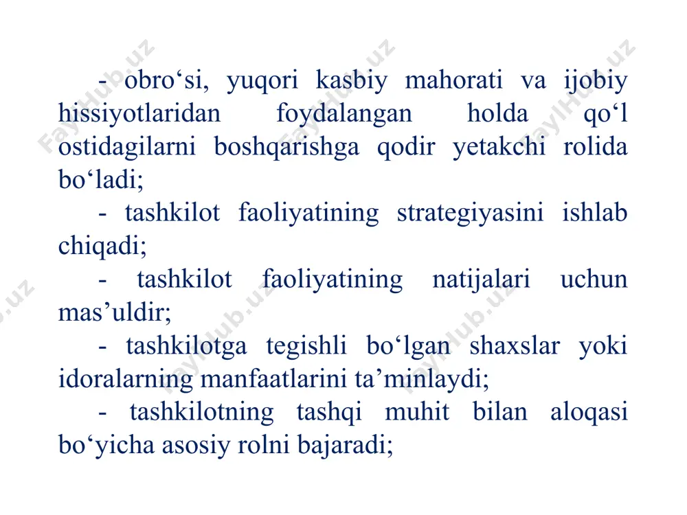 niyatli, barcha jabhalarda namuna bo‘lish qobiliyati; - yuqori dinamiklik va noaniqlik sharoitida quyida turuvchi rahbarlar va xodimlar bilan kelishish asosida omilkor qarorlarni asoslash va qabul qilish, qabul qilingan qarorlarning bajarilishida xodimlar ishtirokini ta’minlash; - bozor va uning segmentlaridagi iqtisodiy vaziyatni tahlil qilish bo‘yicha amaliy bilim hamda tajribaning mavjudligi; - raqib firmalar faoliyati va harakatlarini tahlil qila bilish; - tashkilot ishini bashorat qilish va rejalashtira bilish; - zamonaviy axborot-kommunikatsion texnologiyalardan foydalana olish; - tashkilotni boshqarish va faoliyat yuritishning samaradorligini oshirish usullarini bilish; - kishilar bilan ishlash, ularga ta’sir ko‘rsatish qobiliyati, buning uchun zarur bo‘lgan dilkashlik, adolatlikka ega bo‘lish, «insoniy munosabatlar»ni bilish; - o‘z-o‘zini va o‘z vaqtini boshqara bilish; - masalalarni hal qilishda qat’iylik, g‘ayratlilik, dinamiklik; - rasmiy va norasmiy tuzilmalarning o‘zaro aloqasini hisobga olgan holda kishilar bilan munosabatlar o‘rnata bilish. menejerga qo‘yiladigan talablar: 1. ma’naviy yetuklik (siyosiy, huquqiy, axloqiy yetuklik, madaniyatlilik) 2. intizom va mehnatga bo‘lgan munosabat (mehnatsevar, jamoa o‘rtasida intizomni …
