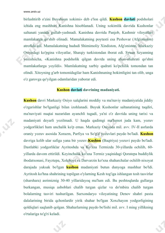 lik ibodatxonasi, fayztepa, xolchoyi va darvarzin ko'xna shaharchalar ochilib nixoyat darajada yuksak bo'lgan kushon madaniyati butun dunyoga mashhur bo'ldi. ayritosh ko'hna shahrining topilgan o'ylarning kesh tog'iga ishlangan tosh tasvirlar (sharshara) asrimiznig 30-40 yillaridayoq ma'lum edi. bu peshtoqlarda gullarga burkangan, musiqa asboblari chalib turgan qizlar va do'mbira chalib turgan bolalarning tasviri tushurilgan. surxondaryo viloyatining denov shahri paxta dalalarining birida qchonlardir yirik shahar bo'lgan xoxchayon yodgorligining qoldiqlari saqlanib qolgan. shaharlarning paydo bo'lishi mil. avv. i ming yillikning o'rtalariga to'g'ri keladi. milloddan avvalgi 250yilda vujudga kelgan yunon-baqtiriya podsholigiga o'rta osiyoning katta yerlari qatori surxon vohasi ham qaragan. bu podsholik davrida surxandaryoda ishtimoiy -iqtisodiy munosabatlar rivojlanib ,sinfiy tabaqalanish ham kuchaydi .shaharlar ravnaq topdi. hunarmandchilik va tashqi savdo yuksaldi .yunon ,hind va turon xalqlari madaniyati omuhtalashib, o'ziga xos yuksak madaniyat vujudga keldi. shu davrga oid ko'hna binolarning harobalari termiz atroflaridan ham topilgan. milod boshlarida surxandaryo kushonlar davlati tarkibiga kirdi. kushonlar dastlab toxarlar davlati o'rnida bir …