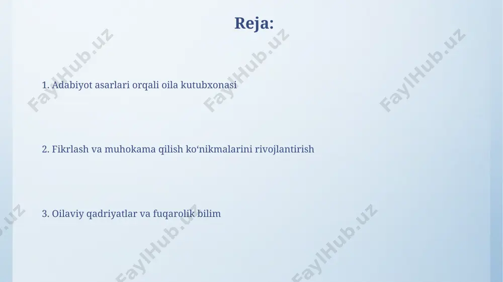 da o'quvchilar 3 guruhga bo'linib, 5 ta savoldan iborat viktorina o'tkazish mumkin, har bir to'g'ri javob uchun 2 ball beriladi. o'quvchilarga 7 ta turli adabiy qahramonning oilasi haqida ma'lumotlar berib, ularning hayotiy qadriyatlarini taqqoslash bo'yicha 4 bosqichli roll-playing o'yini o'tkazish mumkin. 7-sinf o'quvchilari uchun moslashtirilgan adabiyotlar yosh xususiyatlarini hisobga olgan holda, sodda va tushunarli tilida yozilgan, hajmi 100-150 bet oralig'ida bo'lgan kitoblar afzalroq hisoblanadi. 7-sinf o'quvchilari uchun moslashtirilgan adabiyotlar soni taxminan 150 dan ortiq bo'lib, ularning 30 foizi o'zbek milliy adabiyoti namunalaridan iborat. adabiyot va hayotiy tajribalar o'rtasidagi bog'liqlik badiiy asarlardagi 4 ta turli xil oila tuzilmalari (masalan, katta oilalar, yadro oilalar) va ularning ijtimoiy-iqtisodiy sharoitlar bilan bog'liqligini tahlil qilish orqali turli madaniyatlar haqida tushuncha beradi. kitoblardagi 5 ta axloqiy qiymat (masalan, hurmat, mas'uliyat) va ularning oilaviy hayotdagi ahamiyati, 7-sinf o'quvchilarining shaxsiy rivojlanishiga ijobiy ta'sir ko'rsatadi. xulosa va yakuniy baholashlar o'quvchilarning "oila kutubxonasi" mavzusidagi bilimlarini baholashda, 5 balldan iborat ballar …