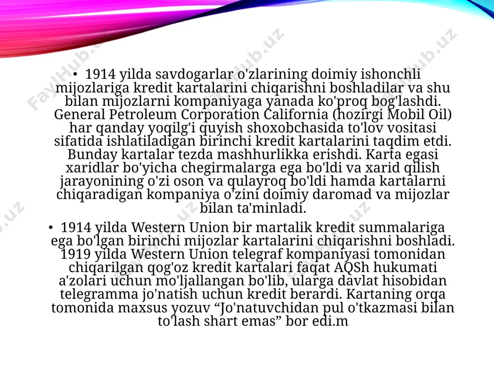 asi bhr universal bank bo'lmagan kredit kartasini chiqardi. banklararo kartochkalar assotsiatsiyasi (interbank cards association) 1974 yilda angliyaning access card kompaniyasi, angliya va yevropadagi eng yirik karta tizimi eurocard bilan shartnoma imzoladi. bu hamkorlik national bank americard inc bilan kuchli raqobatni yuzaga keltirdi va 1976 yilda butun dunyoda tan olinishi uchun ularning bank americard kartasining nomini visa kartasiga o'zgartirilishiga olib keldi. 1979 yilda banklararo kartalar assotsiatsiyasi ham xuddi shunday harakat qildi, master charge kartasining nomini mastercard international deb o'zgartirdi. yaponiya bozorida yetakchilik uchun kurashda yaponiyaning jcb kartasi amerika va yevropa toʻlov tizimlarining visa va mastercard kabi gigantlarini ortda qoldirib, gʻolib boʻldi. 1980 yillarda mastercard osiyo va lotin amerikasida kengayishda davom etdi. 1987 yilda mastercard xitoy xalq respublikasida chiqarildi. agar rossiyani hisobga oladigan bo'lsak, to'lov tizimlari sssrda 1969 yilda paydo bo'lganligini ta'kidlash mumkin. mamlakatda to'lov kartalarini to'lov vositasi sifatida qabul qiluvchi korxonalar tarmog'i yaratila boshlandi va bular xorijiy kompaniyalar va banklar tomonidan …