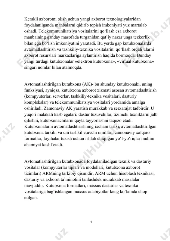 jo‘natish vaqt va mablag‘ talab qiladi. kitobxonlarga xizmat ko‘rsatishda yana bir cheklash bor edi: kutubxonalar kitobxonlarga nashrlarni faqat odatdagi holatda (masalan: kitob shaklida) berishlari mumkin edi. kutubxonalarda kompyuterlardan va internetdan foydalanish yangi imkoniyatlarni yaratadi. bu esa o‘z navbatida turli fizik tashuvchilardan (magnitli tasmalar, disklar, sd-romlar va boshqalardan) foydalangan holda elektron hujjatlarning keng tarqalishiga olib keldi. bunda masofadan turib axborot olish va axborot uzatishning roli beqiyosdir. kitobxonlarga xizmat ko‘rsatishning zamonaviy shakllarini o‘zlashtira borgan kutubxonalar o‘z kuchlarini elektron hujjatlar va internet resurslaridan foydalanishga yo‘naltirdilar. bunday maqsadga erishish uchun bir qator huquqiy va texnologik masalalarni yechish va kutubxona ishi konsepsiyasini qayta ko‘rib chiqish zarur edi. elektron kutubxona yaratuvchilarga shu narsa aniq bo‘lib qoldiki, maqsadga erishish uchun manfaatdor tomonlar kuchlarini birlashtirish zarur ekan. natijada elektron kutubxonalar yaratish ishiga dastlab alohida tashkilotlar kirishgan bo‘lsa, so‘ngra bu ish milliy va xalqaro darajadagi ishga aylandi. kutubxonalarni avtomatlashtirishga dastlab xx asrning 60-yillari o‘rtalaridan kirishildi. kompyuterlarni kutubxonalar ishiga tatbiq …