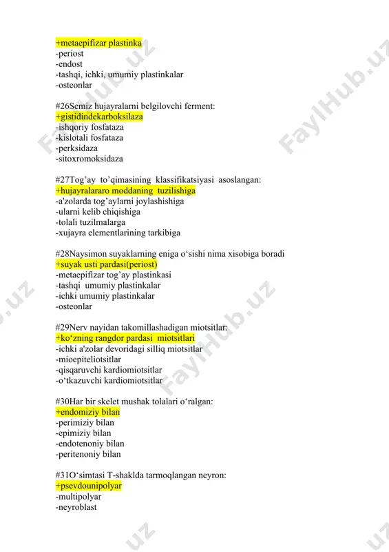 ik tugun, suyak ko‘migi #47gemato-timik bar'yer xosil bo‘lishida ishtirok etadi: +uzluksiz endoteliy va bazal membranaga ega kapillyar -endoteliysida teshiklari bor kapillyar -fenestrali kapillyar -sinusoid kapillyar -bazal membranasizkapilyar #ii 48tipdagi kapillyarning o‘ziga xosligi: +fenestrali endoteliy, bazal membrana uzluksiz -endoteliyuzluksiz, bazal membrana uzlukli -endoteliyteshiklarga ega, bazal membrana uzlukli -endoteliy uzluksiz, bazal membrana butun -endoteliy fenestrali, bazal membrana yo’q #49venalar tavsifi asoslanadi: +mushak elementining rivojlanishiga ko‘ra -elastik va mushak tolalarining munosabatiga ko‘ra -kollagen va mushak tolalarining munosabatiga ko‘ra -klapan mavjudligiga ko‘ra -kalibri va organizmda joylashishiga ko‘ra #50qaysi arteriyalarda ichki elastik membrana mavjud emas: +elastic tipdagi -mushak tipdagi -aralash tipdagi -arteriolada -elastik va aralash tipdagi #51peritsitlar kapillyar devorining qaysi qavatida joylashadi: +bazal membrana yoriqlarida -bazal membrana ustida -endoteliyustida -subendotelial qavatda -bazal membrana ostida #52taloqdagi ochiq qon aylanish doirasining xususiyati: +kapillyarlar retikulyar tuqimaga ochiladi -kapillyarlar muftalar orqali birlashgan -kapillyarlar sinuslarga ochiladi -kapillyar devori qalinlashgan -kapillyar devorida mushak tolalari bor #53t- limfotsitlarning antigenga bog'liq bo'lmagan takomillashishi …