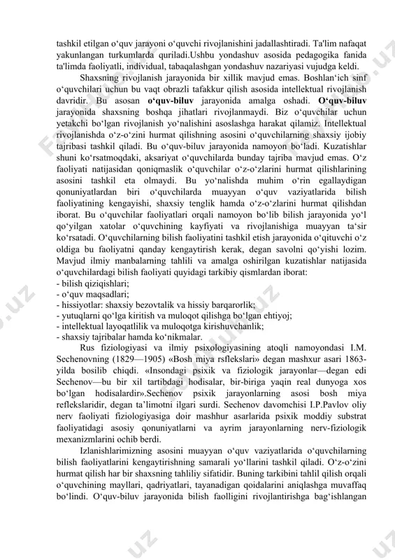 ilayotgan mavzu oʻquvchilar tomonidan oʻzlashtirilib, ularda koʻnikma paydo boʻlishi va bu koʻnikmalarni amaliyotda qoʻllab malakaga aylantira bilishlaridir. dars tarkibi masalasi darsni tasniflash, yaʼni tipologiya bilan bogʻliq. pedagogik adabiyotlarda dars mazmunga, didaktik maqsadga, oʻtish yoʻllariga, taʼlim jarayonining xususiyatlari va uning qismlariga koʻra tasnif qilingan. odatda, dars kirish, yangi bilim berish, mustahkamlash, koʻnikma va malakalarni shakllantirish, bilimlarni amaliyotda qoʻllash, nazorat qilish va aralash kabi turlarga boʻlinadi. taʼlim tajribasida bir dars jarayonida bir yoki bir necha dars turlari umumlashtirilgan holda ish olib boriladigan aralash dars koʻp uchraydi. dars oʻquv jarayonining yolgʻiz shakli emas. turli sinflarda fakultativ mashgʻulotlar, seminar, oʻquv konferensiyalari, bahslar, muammoli darslar, amaliy ishlar, ustaxonada ishlash kabi darslar mavjud. bolalarning bilish jarayonlarida ushbu o‘yinlarning ahamiyati kattadir. mutaxassislar shaxsning rivojlanishi moddiy olam bilan bog'liq bo‘lib inson turmush tarzi uning ongini belgilaydi, deb hisoblaydilar. insonning bolalikdagi rivojlanishida o‘quv-biluv faoliyati muhim o‘rin tutadi. o‘quvchilar bilish faoliyatining kengayishi, birinchi navbatda, ularning ilmiy hodisalar, fikrlar, g'oyalar, dalillar …