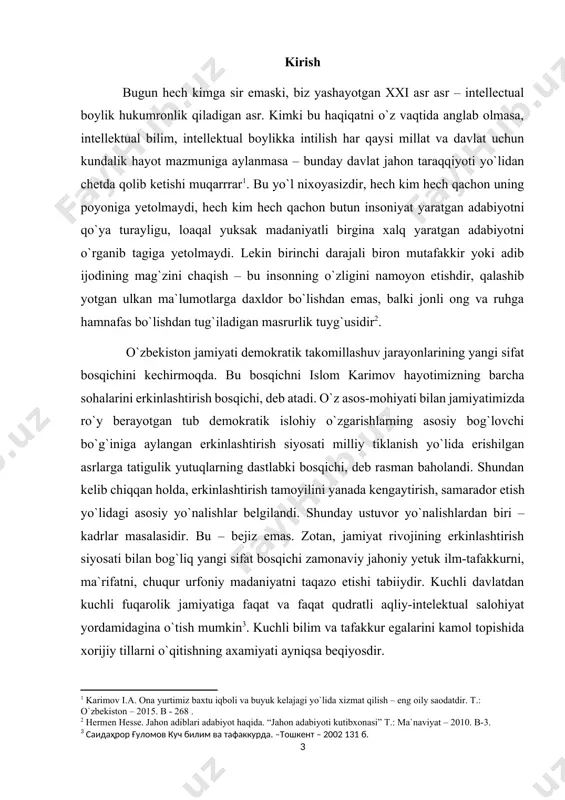 mmo, jahon ommasining taraqqiyparvar va insonparvar kuchlari tarjimani xalqlar, ellar, madaniyatlar va davlatlar o`rtasidagi do`stlik aloqalarining eng muhim vositasi sifatida baholaydilar va bugungi kunga kelib, tarjima va adabiy aloqalar bir madaniyatning boshqa bir madaniyat ustidan hukumronligi uchun emas, balki bir madaniyatning boshqa madaniyat yutuqlari hisobidan boyishi, bir madaniyat vakilining boshqa madaniyat vakili bilan tanishuvi va do`stlashuvi uchun xizmat qiladigan ezgu bir vositaga aylanib qolganligi quvonchli holdir[footnoteref:4]. bugungi kunda ommaviy madaniyat ko`rinishidagi turli buzg`unchi mafkuraviy tahdidlardan yoshlarni ogoh etish, ularning mafkuraviy immunitetini mustahkamlash maqsadida rivojlangan mamlakatlarning haqiqiy madaniyati bilan yoshlarni tanishtirib borishda tarjima san`atining hissasi va o`rni beqiyosdir. [4: xolmo`minov j., hazratqulov j. forsiy adabiyotning jahon adabiyotidagi o`rni. t.: yangi asr – 2012. b-7. ] 1.tarjimada asliyat va tarjima matnlari o'rtasidagi munosabatlar tarjimada asliyat va tarjima matnlari o'rtasidagi munosabatlar - xx asrning o`ttizinchi yillaridan o`zbek adiblari va tarjimonlari jahon adabiyoti namunalarini o`zbek milliy tiliga o`girishga alohida shijoat bilan jonbozlik ko`rsatishdi. buyul …