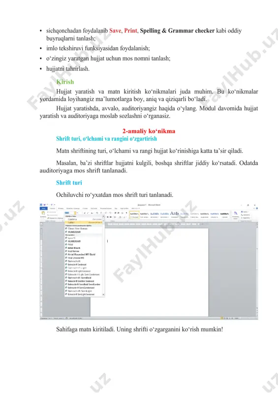 yoshdagi bolalarga mos tomonlarini izohlang. 2.6-mashg‘ulot o‘qituvchingiz bergan memo.docx hujjatini oching. matn shriftini kattalarga moslab tahrirlang. sarlavhani kattalashtiring. hujjatdagi o‘zgarishlarning kattalar auditoriyasiga mos tomonlarini izohlang. maslahat chapdan tekislash: dasturiy ta’minotning standart sozlamasi. matnni tekislash matnni tekislash matn sahifaning qayerida joylanishini anglatadi. bu modulda uchta asosiy tekislash turi o‘rganiladi: · chapdan tekislash; · markazdan tekislash; · oʻngdan tekislash. yozilayotgan matn avtomatik tarzda chapdan tekislanadi. ya’ni matn sahifaning chap tomonidan tekis joylanadi. o‘ngdan tekislashda kiritilgan matn sahifaning oʻng tomonidan tekis joylanadi. markazdan tekislash esa matnni sahifaning oʻrtasida, oʻng va chap qismidan teng uzoqlikda joylanishidir. tekislanishni sozlash uchun avvalo matn belgilanadi. so‘ng home menyusining paragraph menyu boʻlimidan alignment tugmasi topiladi. ular gorizontal chiziqlar ko‘rinishida bo‘ladi. birinchi tugma chapdan tekislash, ikkinchisi markazdan tekislash, uchinchisi oʻngdan tekislash amalini bajaradi. topshiriqlar 3.1-mashg‘ulot menyu.docx hujjatini oching. hujjatning davomidan ismingizni yozing va oʻngdan tekislang. 3.2-mashg‘ulot hujjatdagi matnning qolgan qismini markazdan tekislang. image3.png image4.png image5.png image6.png image7.png image1.jpeg image2.png