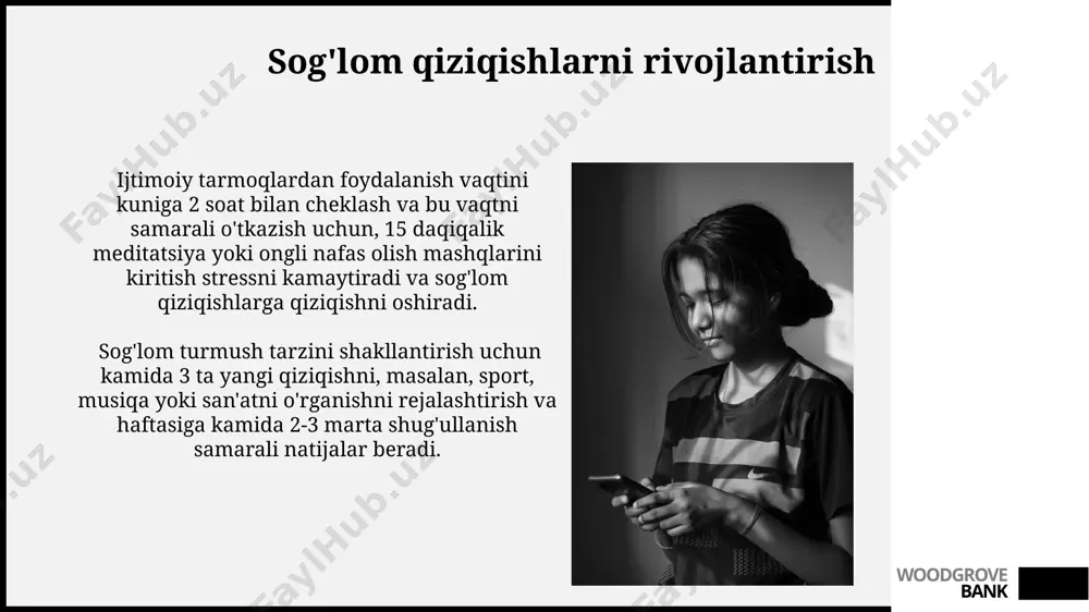 kin. woodgrove bank virtual giyohvandlikning oqibatlari smartfonlar va kompyuterlarni haddan tashqari ishlatish natijasida ko'rish qobiliyati pasayadi, skolioz va boshqa mushak-skelet tizimi kasalliklari xavfi 30% ga ortadi. o'rtacha 8 soatdan ortiq vaqt davomida virtual o'yinlar bilan shug'ullanish miya faoliyatini pasaytiradi, xotira zaiflashadi va diqqatni jamlash qobiliyati yomonlashadi. woodgrove bank dori-darmonlardan foydalanish dori-darmonlarni noto'g'ri qo'llash, dozani oshirib yuborish yoki boshqa dorilar bilan birga qabul qilish, virtual giyohvandlikka qarshi kurashda jiddiy yon ta'sirlar va asoratlar, masalan, 30% gacha hollarda sog'liqqa salbiy ta'sir ko'rsatishi mumkin. dori-darmonlardan foydalanish giyohvandlikka qarshi kurashda faqatgina shifokor nazorati ostida, masalan, 10-20% hollarda qo'llaniladigan qo'shimcha terapiya sifatida samarali bo'ladi va o'z-o'zidan davo sifatida qabul qilinmasligi kerak. woodgrove bank oiladagi rol oilada bolalarga internetdan foydalanish uchun aniq vaqt chegaralari (masalan, kuniga 2 soat) belgilash, shuningdek, onlayn faoliyatlarni kuzatish va nazorat qilish virtual giyohvandlikning oldini olishda muhim rol o'ynaydi. oilaviy terapiya yoki qo'llab-quvvatlash guruhlari kabi professional yordamdan foydalanish, virtual giyohvandlikka chalingan oila …