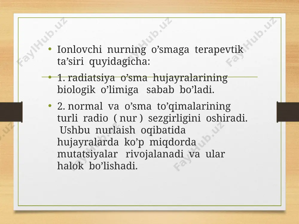 bir martalik dozasi 3-5 gr, va yirik fraksiyalash- bir martalik dozasi 8-12 gr normal xujayralarni o’sma xujayralarga nisbatan tezroq tiklanishini ta’minlaydi. image7.jpeg image8.jpeg image9.jpeg image10.jpeg image11.jpeg image12.jpeg image13.jpeg image3.png image4.png