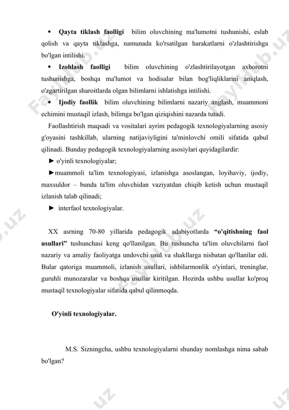 'lgan, real shahar sharoitida amalga oshiriladigan o'yinlar moda tusini olganligidan habaringiz bo'lsa kerak. bunday o'yinlar ishtirokchilari bir-birlari bilan internet orqali tanishadilar, o'yin internet orqali tashkillanadi ham. yuqorida aytganlarimiz o'yinga bo'lgan qiziqish faqat kichik yoshdagi bolalarga hos emasligidan dalolat beradi. “o'yinli texnologiyalar” tushunchasi o'z ichiga pedagogik jarayonni turli pedagogik o'yinlar shaklida tashkillashning qator usullarini oladi. o'yinli texnologiyalar maqsadlari. didaktik: dunyoqarashni kengaytirish, bilish faoliyati; bilimlarni amaliyotda qo'llash; ma'lum ko'nikma va malakalarni shakllantirish. tarbiyaviy: mustaqillik, irodani tarbiyalash; ma'lum munosabat, ahloqiy, estetik yo'nalmalarni shakllantirish; hamkorlik, jamoa bilan birlashish, muloqotga kirishuvchanlikni tarbiyalash. rivojlantiruvchi: diqqat, xotira, nutq, tafakkur, taqqoslash ko'nikmalari, empatiya, refleksiya, optimal echimlarini izlab topish ko'nikmalarini, o'quv faoliyatiga nisbatan motivasiyani rivojlantirish. ijtimoiylashtiruvchi: jamiyat normalari, qadriyatlarini singdirish; muhitga moslashish; o'z-o'zini boshqarish; muloqotga o'rgatish; psixoterapiya. o'yinli texnologiyalarning ba'zi konseptual asoslari. ( o'yinli texnologiyalarning psixologik mexanizmi shaxsning o'z-o'zini namoyish qilish, jamoada o'z o'rnini egallash, o'z-o'zini boshqarishga bo'lgan ehtiyojiga asoslanadi. ( o'yin hayot maktabi va rivojlanish amaliyoti (s.l.rubinshteyn) ( …