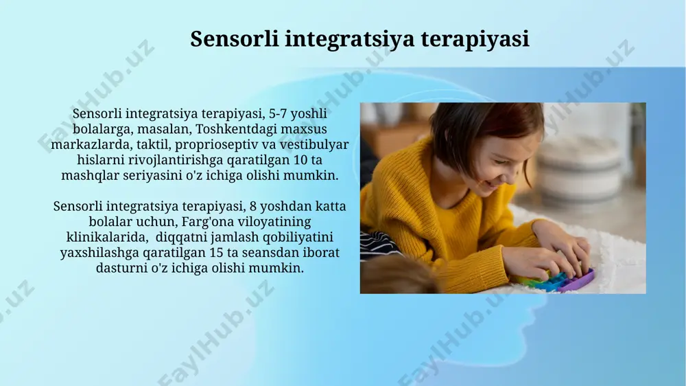сезгини яхшилаш мумкин. sezuvchanlik sezgisini rivojlantirish usullari 5-7 ёшли интеллектуал ривожланишидаги нуқсонлари бўлган болаларда сезувчанликни ривожлантириш учун тошкентдаги махсус марказларда 3d предметлардан фойдаланиш самарали бўлиши аниқланган. ўзбекистондаги 20 дан ортиқ мактабларда ўтказилган тажрибалар сезувчанликни ривожлантиришда турли матнли (қўпол, юмшоқ) тўқималар билан ишлаш самарадорлигини 70% гача оширишини кўрсатди. sezgi rivojlanishini baholash va monitoringi sezgilarni baholash uchun, 3-7 yosh oralig'idagi bolalar uchun mo'ljallangan, 15 ta vazifadan iborat "sezgi-test" metodikasi andijon viloyatida muvaffaqiyatli qo'llanilmoqda, bu esa monitoring jarayonini soddalashtirishga yordam beradi. samarqanddagi maxsus maktabda o'tkazilgan tadqiqotda, 20 nafar intellektual nogiron bolaning 70%ida taktil sezgilarning pasayishi kuzatilgan, bu esa moslashtirilgan terapiya dasturlarini ishlab chiqish zarurligini ko'rsatadi. ta'm bilish sezgisini rivojlantirish usullari тошкентдаги махсус мактабларда ўтказилган тажрибалар шуни кўрсатдики, ҳар хил текстурали (қатиқ, суюқ, қаттиқ) 20 та турли овқатларни тақдим этиш таъм билгичликни яхшилайди. таъм билгичликни ривожлантиришда, 3 кунлик дастурда, ҳар куни 2-3 та янги мазали таомларни (ширин, шўр, аччиқ) синаб кўриш натижадор бўлади. hid …